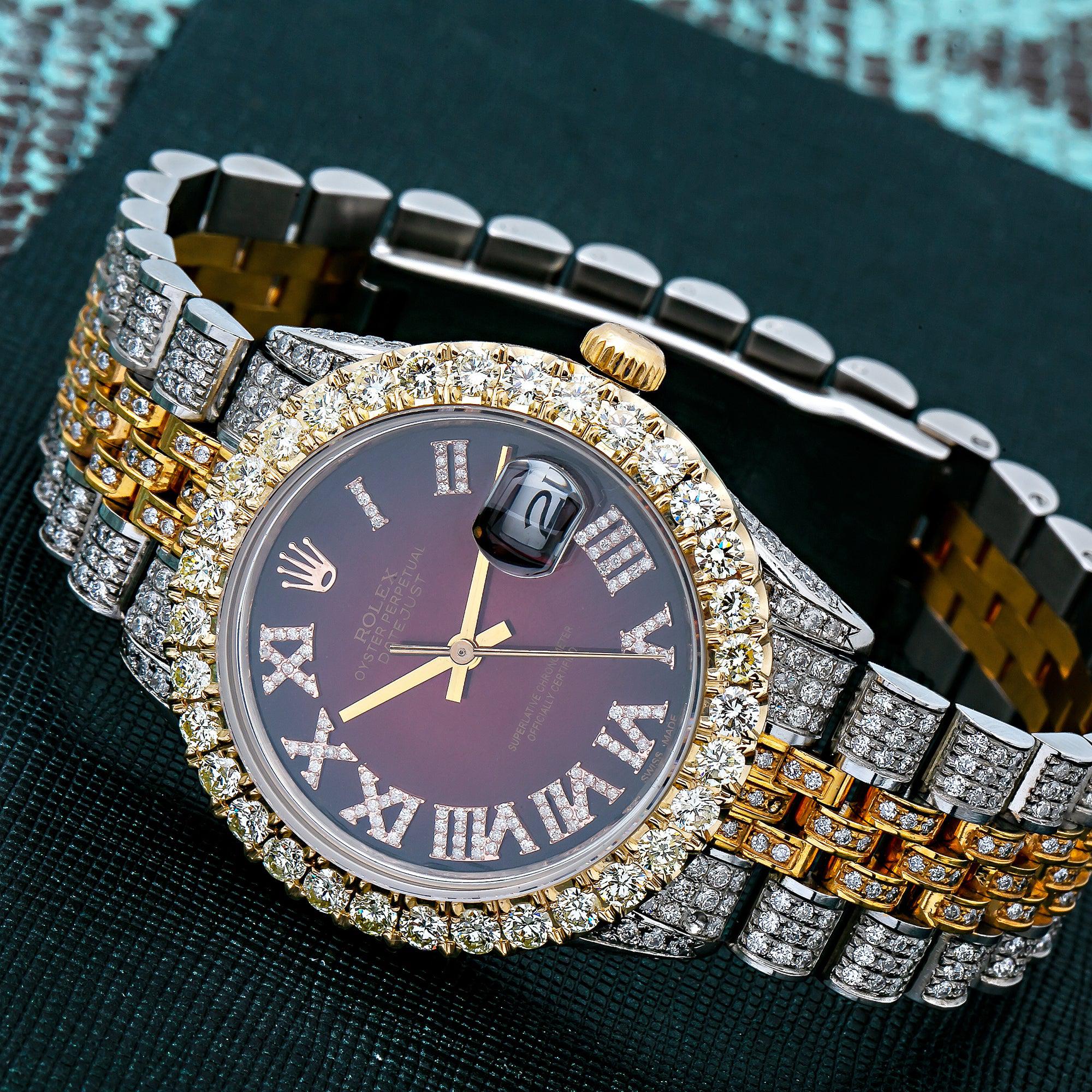 Rolex Datejust 36MM 16013 Red Roman Diamond Dial Diamond Bezel Two Tone Yellow Gold Full Diamond Jubilee Bracelet