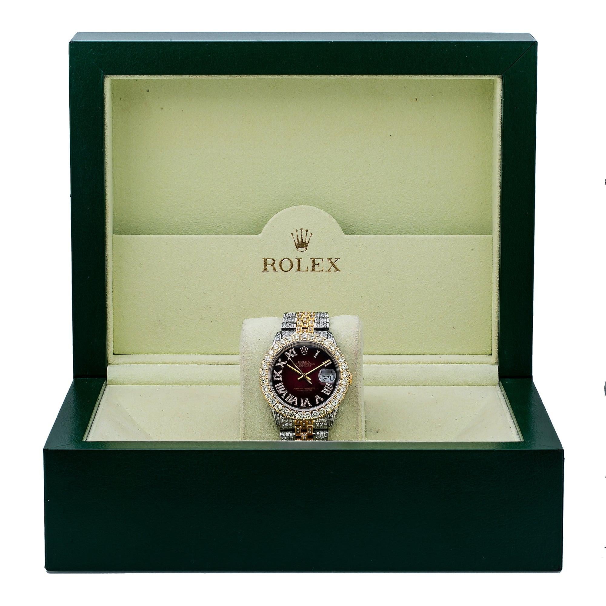 Rolex Datejust 36MM 16013 Red Roman Diamond Dial Diamond Bezel Two Tone Yellow Gold Full Diamond Jubilee Bracelet