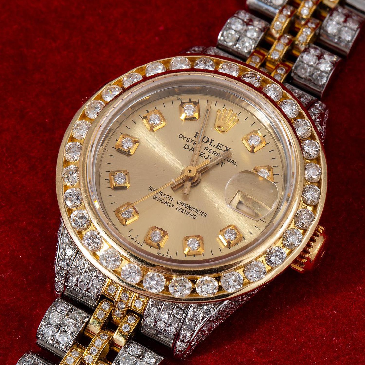 Rolex Datejust 26MM 69173 Champagne Diamond Dial Diamond Bezel Two Tone Yellow Gold Full Diamond Jubilee Bracelet