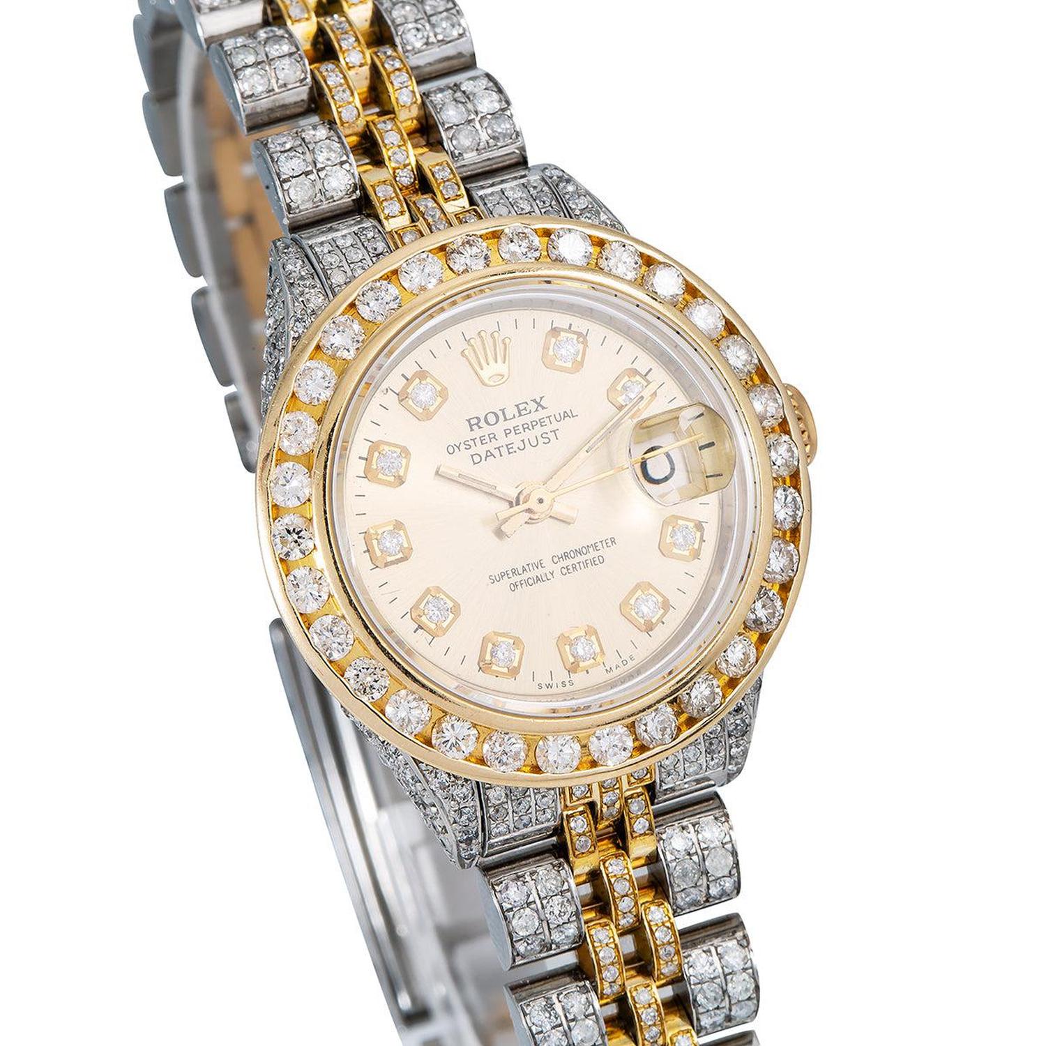 Rolex Datejust 26MM 69173 Champagne Diamond Dial Diamond Bezel Two Tone Yellow Gold Full Diamond Jubilee Bracelet