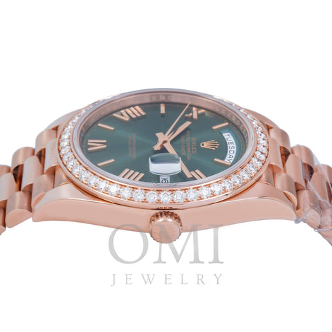 Rolex Day-Date 228345RBR 40MM Olive Green Roman Dial With Diamond Bezel