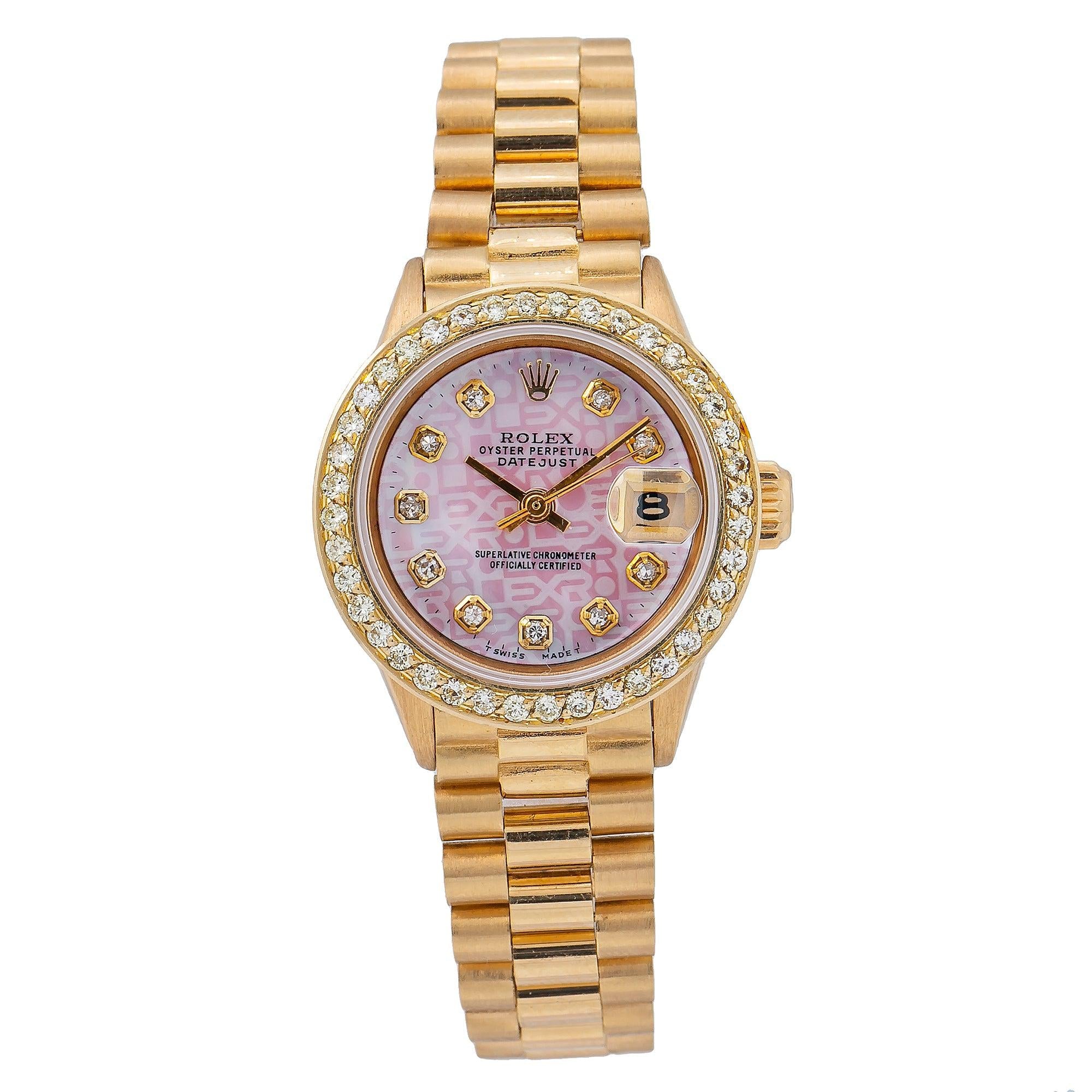 Rolex Datejust 26MM 69178 Pink Pattern Diamond Dial Diamond Bezel 18K Yellow Gold President Bracelet