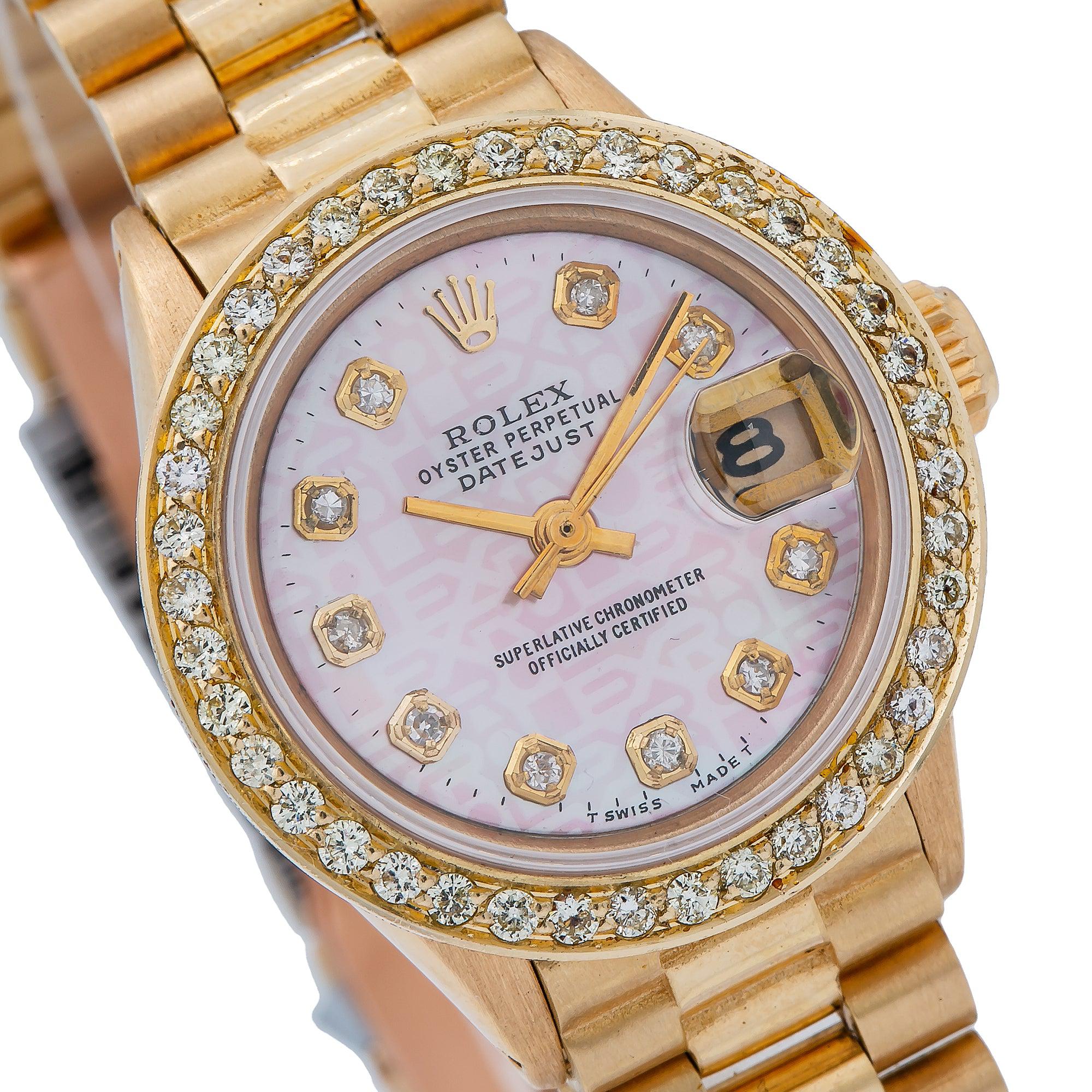 Rolex Datejust 26MM 69178 Pink Pattern Diamond Dial Diamond Bezel 18K Yellow Gold President Bracelet
