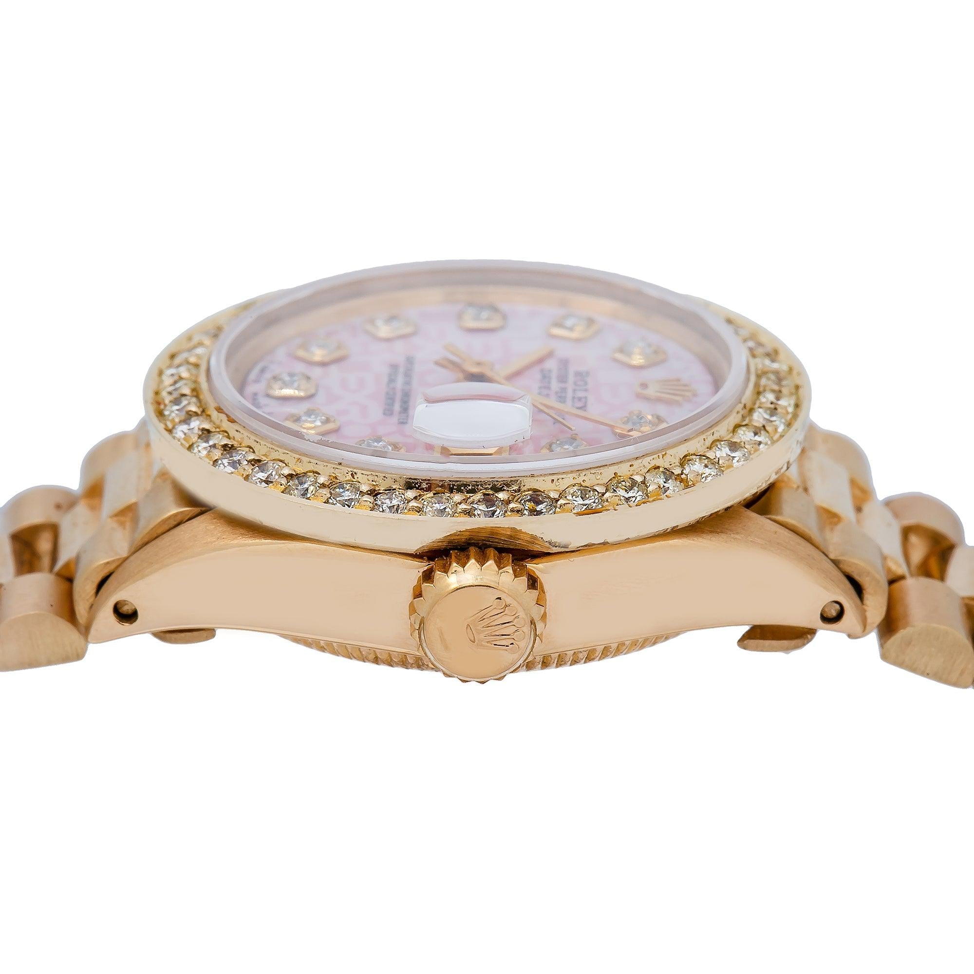 Rolex Datejust 26MM 69178 Pink Pattern Diamond Dial Diamond Bezel 18K Yellow Gold President Bracelet