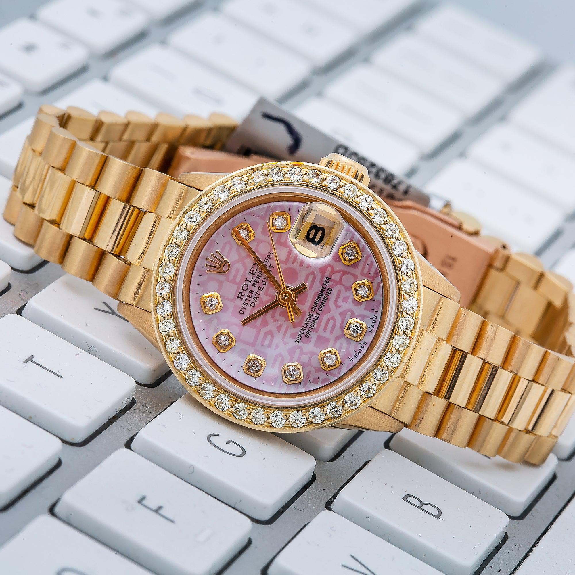 Rolex Datejust 26MM 69178 Pink Pattern Diamond Dial Diamond Bezel 18K Yellow Gold President Bracelet