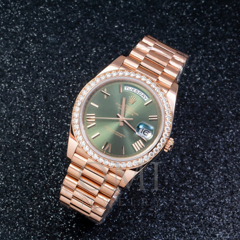 Rolex Day-Date 228345RBR 40MM Olive Green Roman Dial With Diamond Bezel