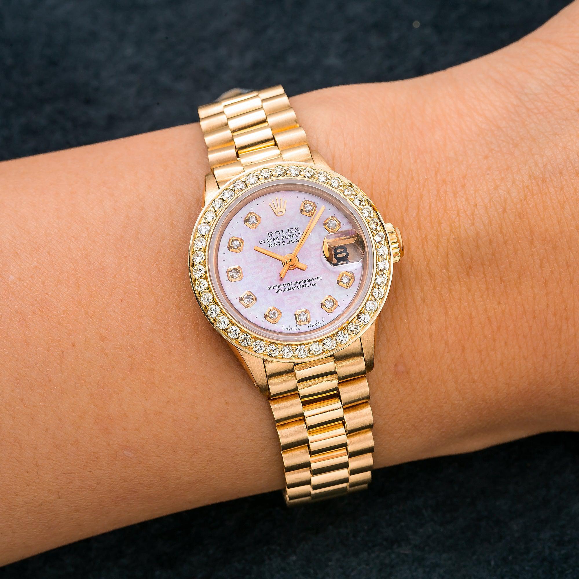 Rolex Datejust 26MM 69178 Pink Pattern Diamond Dial Diamond Bezel 18K Yellow Gold President Bracelet