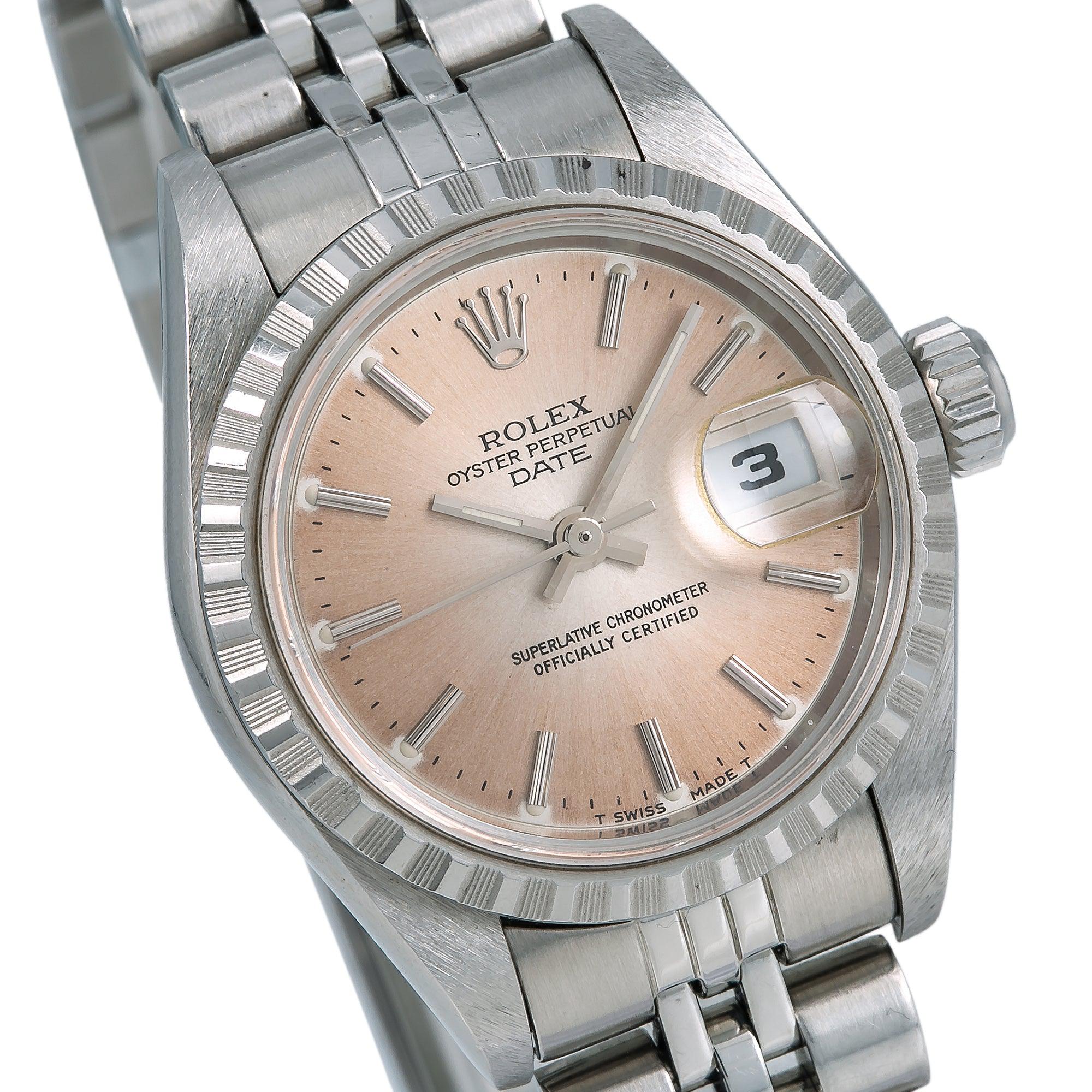 Rolex Date 26MM 6924 Salmon Dial Engine Turned Bezel Stainless Steel Jubilee Bracelet