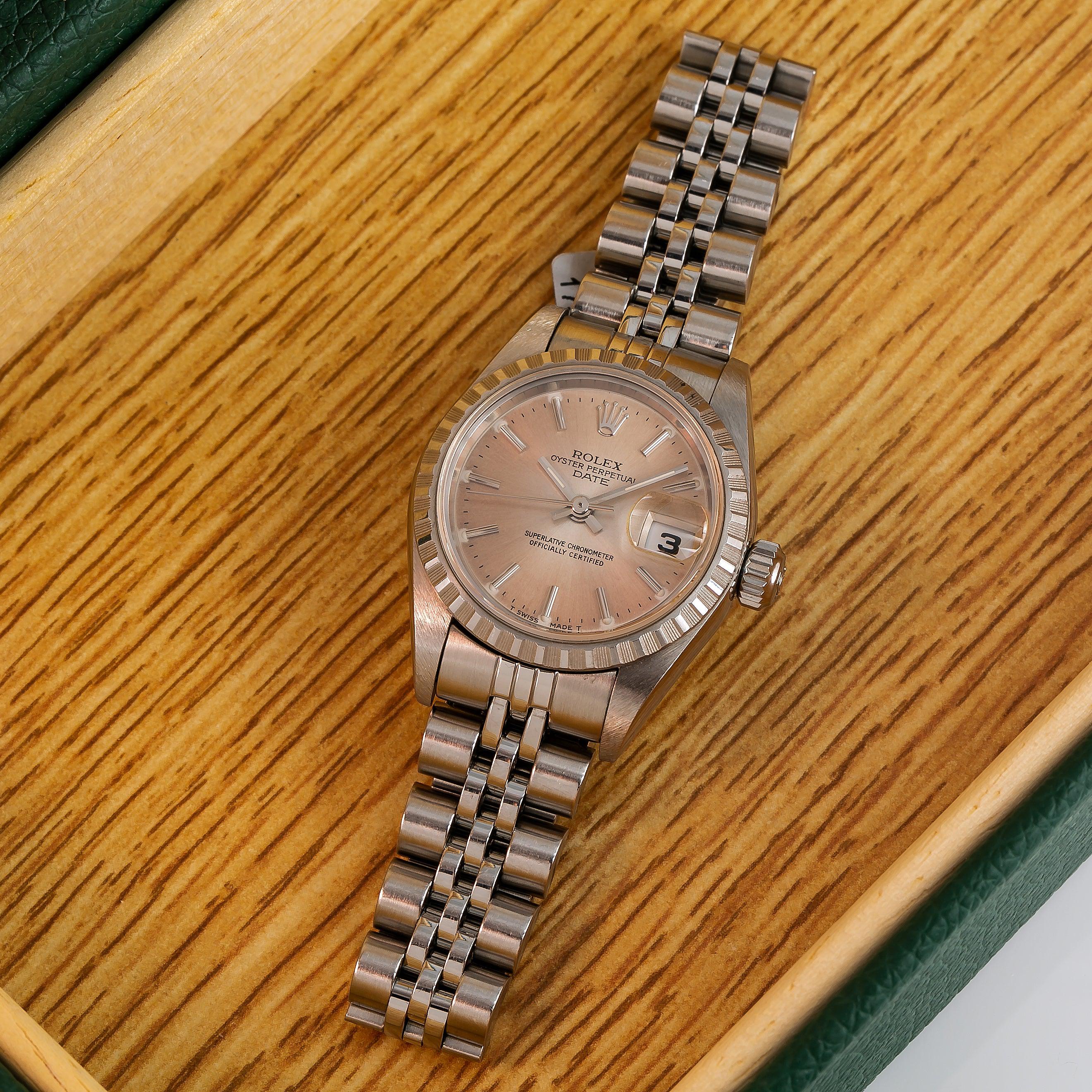 Rolex Date 26MM 6924 Salmon Dial Engine Turned Bezel Stainless Steel Jubilee Bracelet