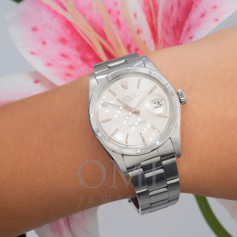 Rolex Oyster Perpetual Date 1500 34MM Silver Dial With Stainless Steel Engine Turned Bezel