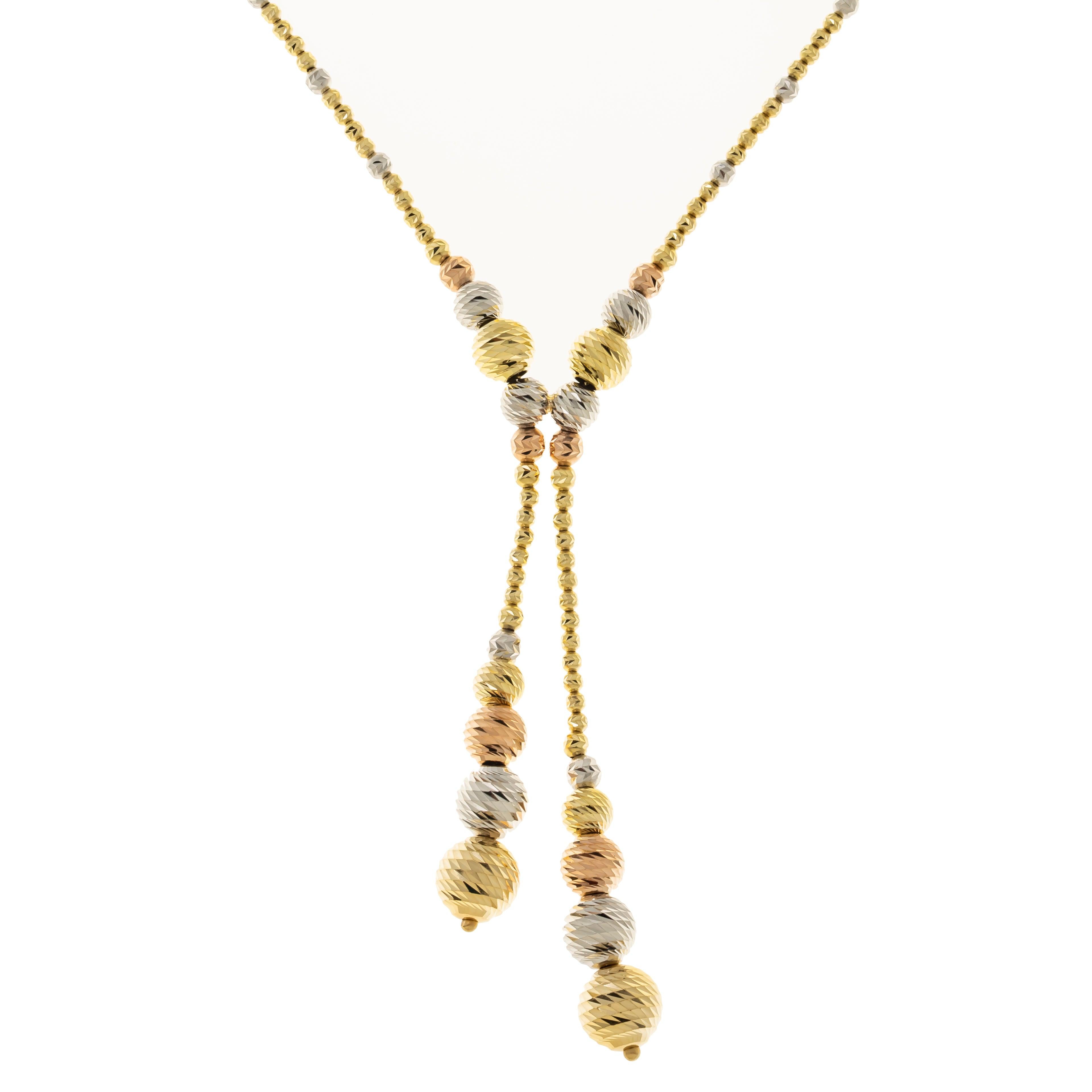 14K GOLD TRI-COLOR 2MM MOON BEAD LARIAT CHAIN
