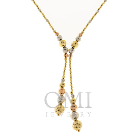 14K GOLD TRI-COLOR 2MM MOON BEAD LARIAT CHAIN