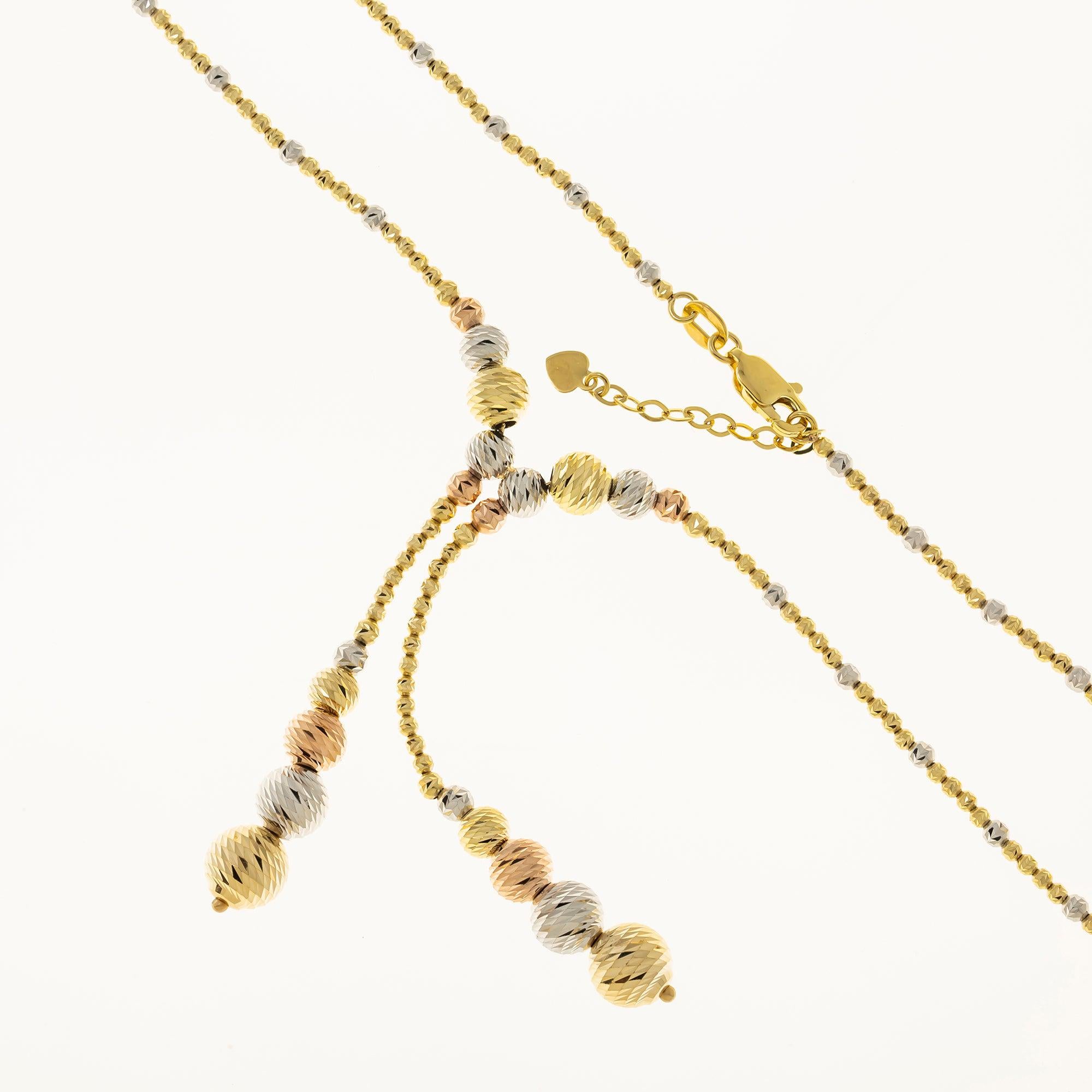 14K GOLD TRI-COLOR 2MM MOON BEAD LARIAT CHAIN