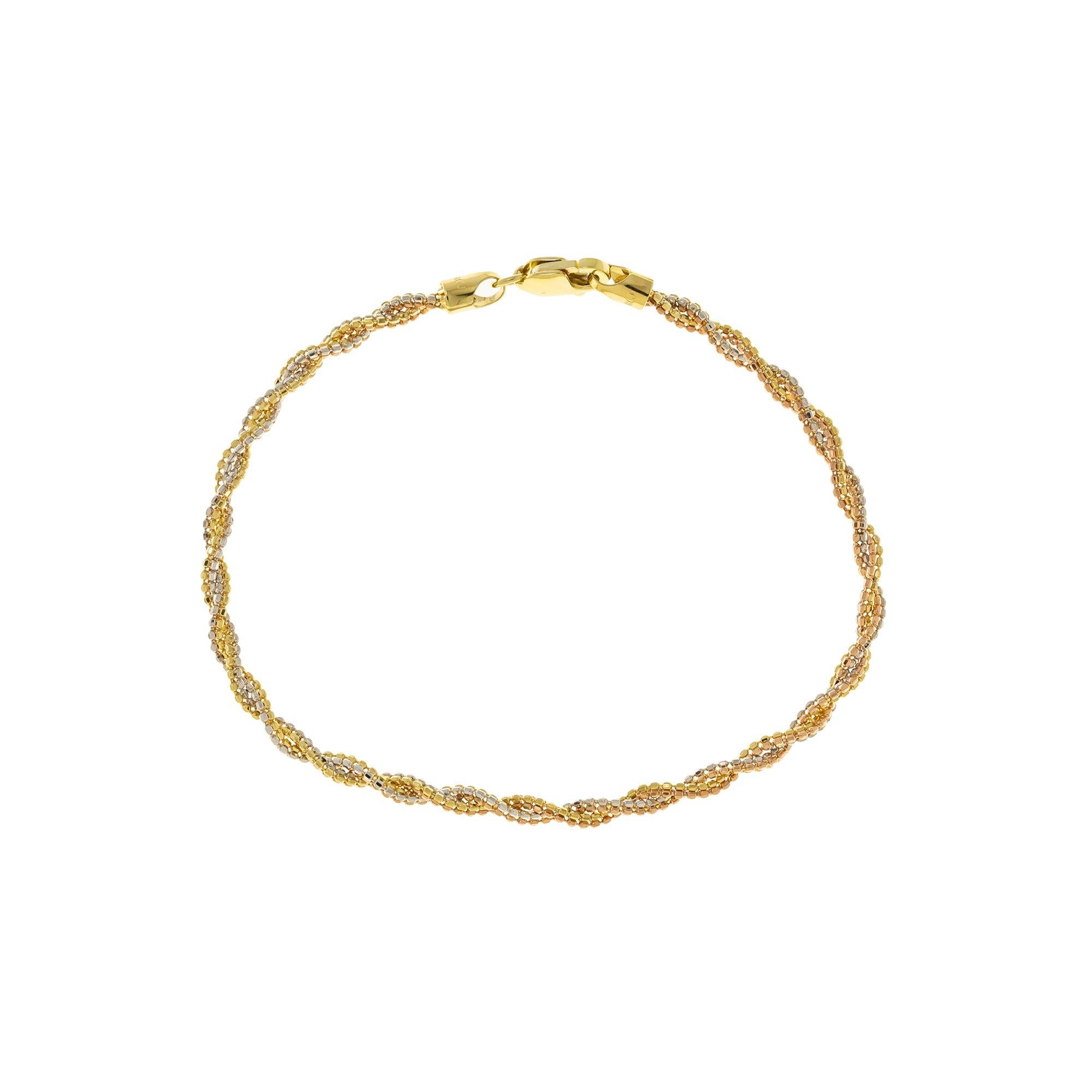 14K GOLD TRI-COLOR DIAMOND CUT BEADED ROPE BRACELET