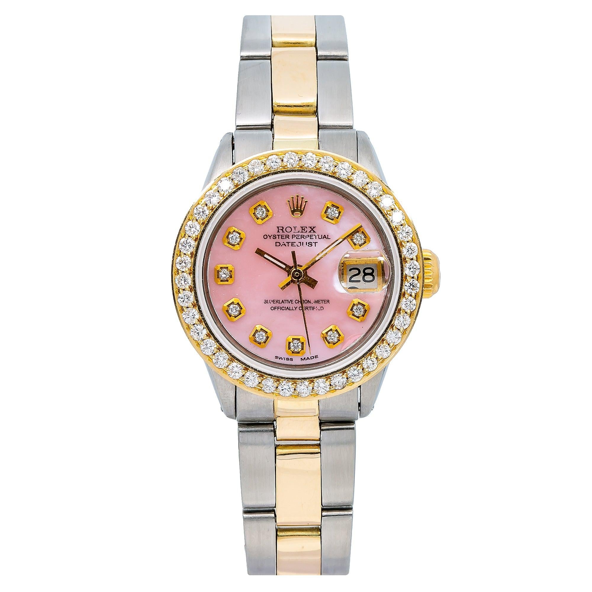 Rolex Datejust 26MM 69173 Pink Mother of Pearl Diamond Dial Diamond Bezel Two Tone Oyster Bracelet