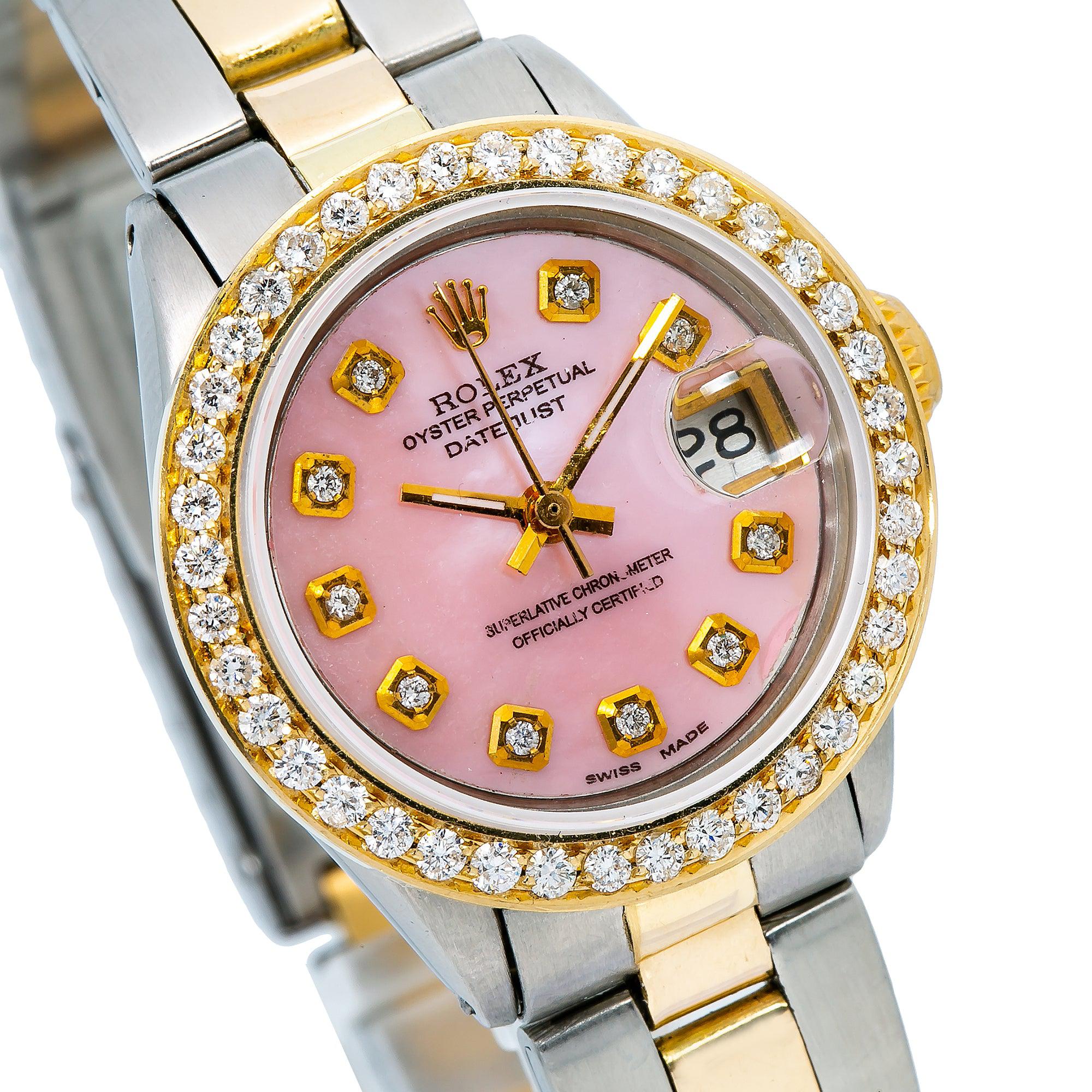 Rolex Datejust 26MM 69173 Pink Mother of Pearl Diamond Dial Diamond Bezel Two Tone Yellow Gold Oyster Bracelet