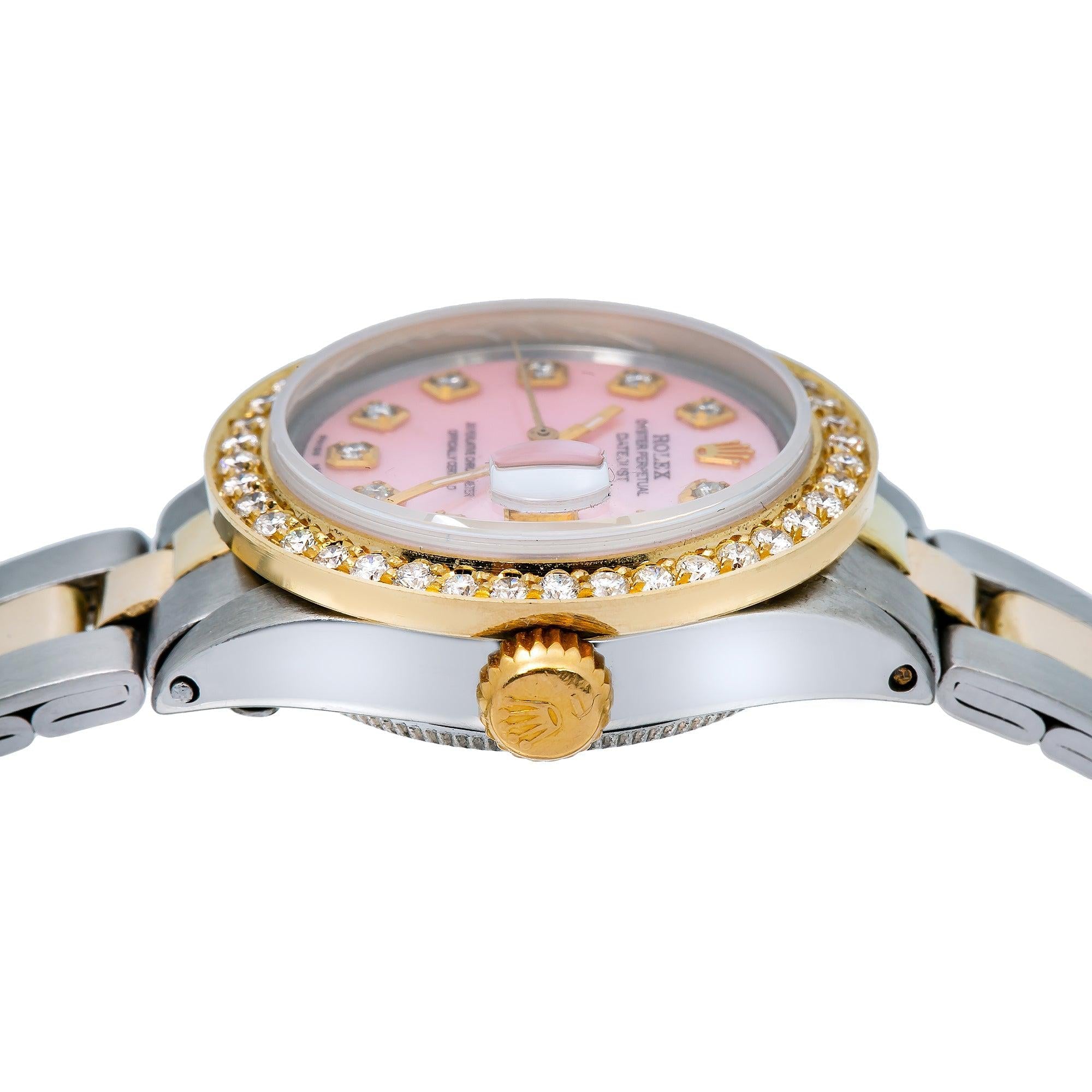 Rolex Datejust 26MM 69173 Pink Mother of Pearl Diamond Dial Diamond Bezel Two Tone Yellow Gold Oyster Bracelet