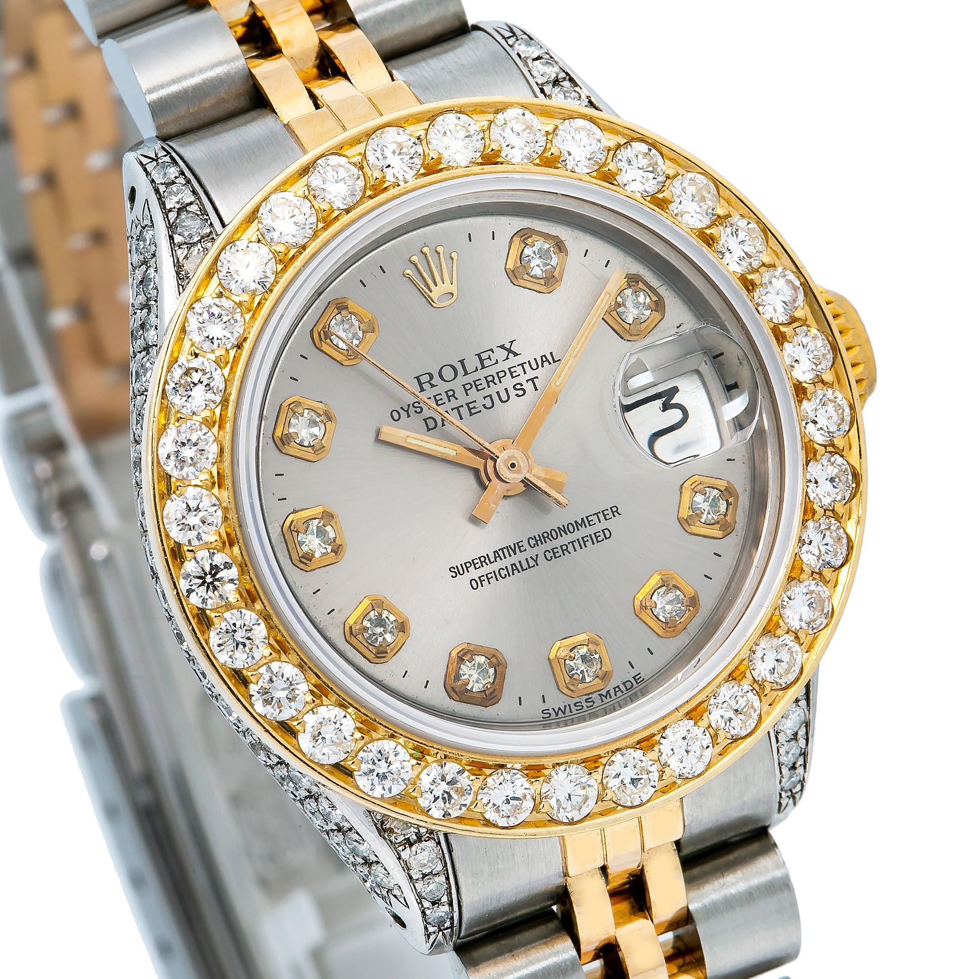 Rolex Datejust 26MM 69173 Silver Diamond Dial Diamond Bezel Two Tone Yellow Gold Jubilee Bracelet