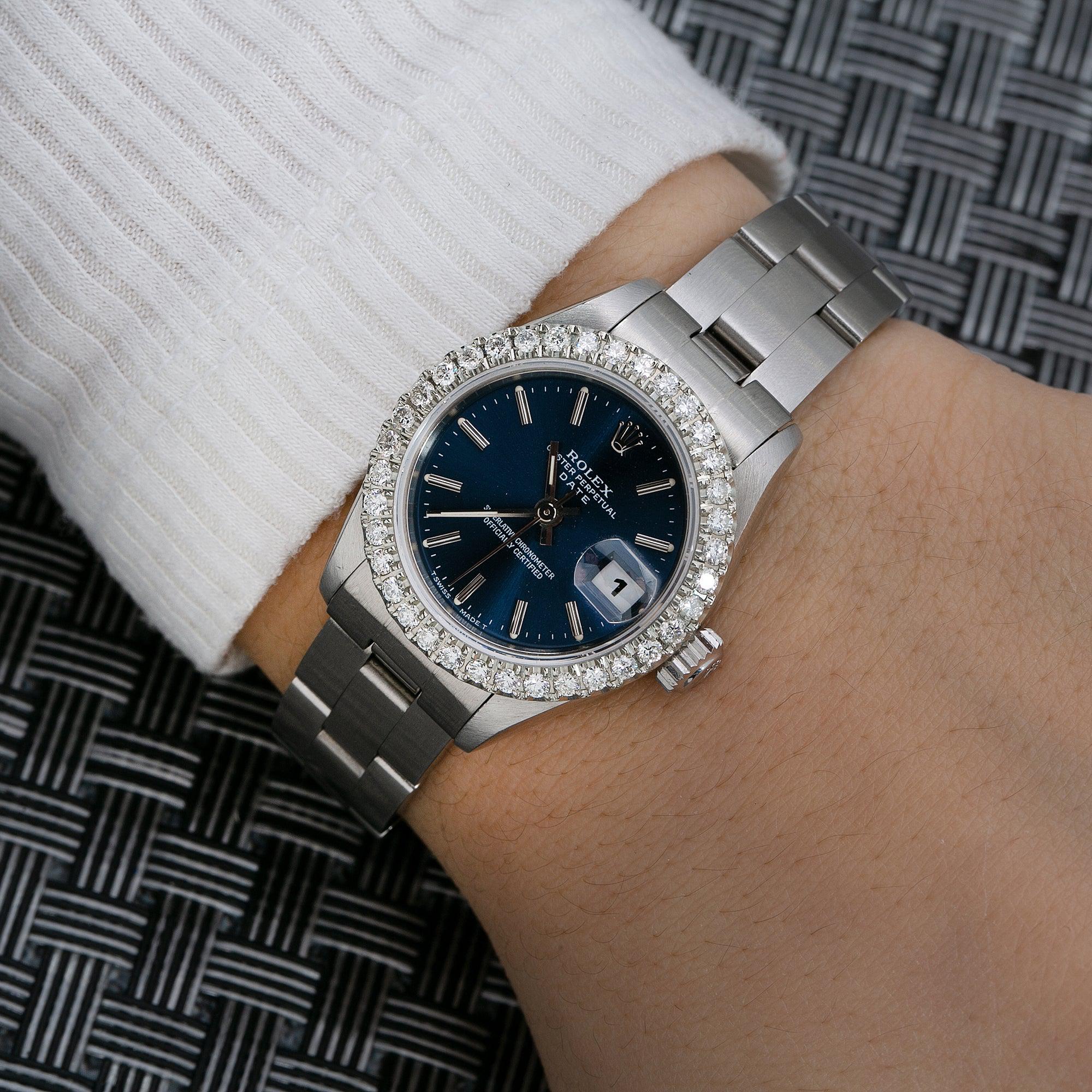 Rolex Date 26MM 6916 Blue Dial Diamond Bezel Stainless Steel Oyster Bracelet