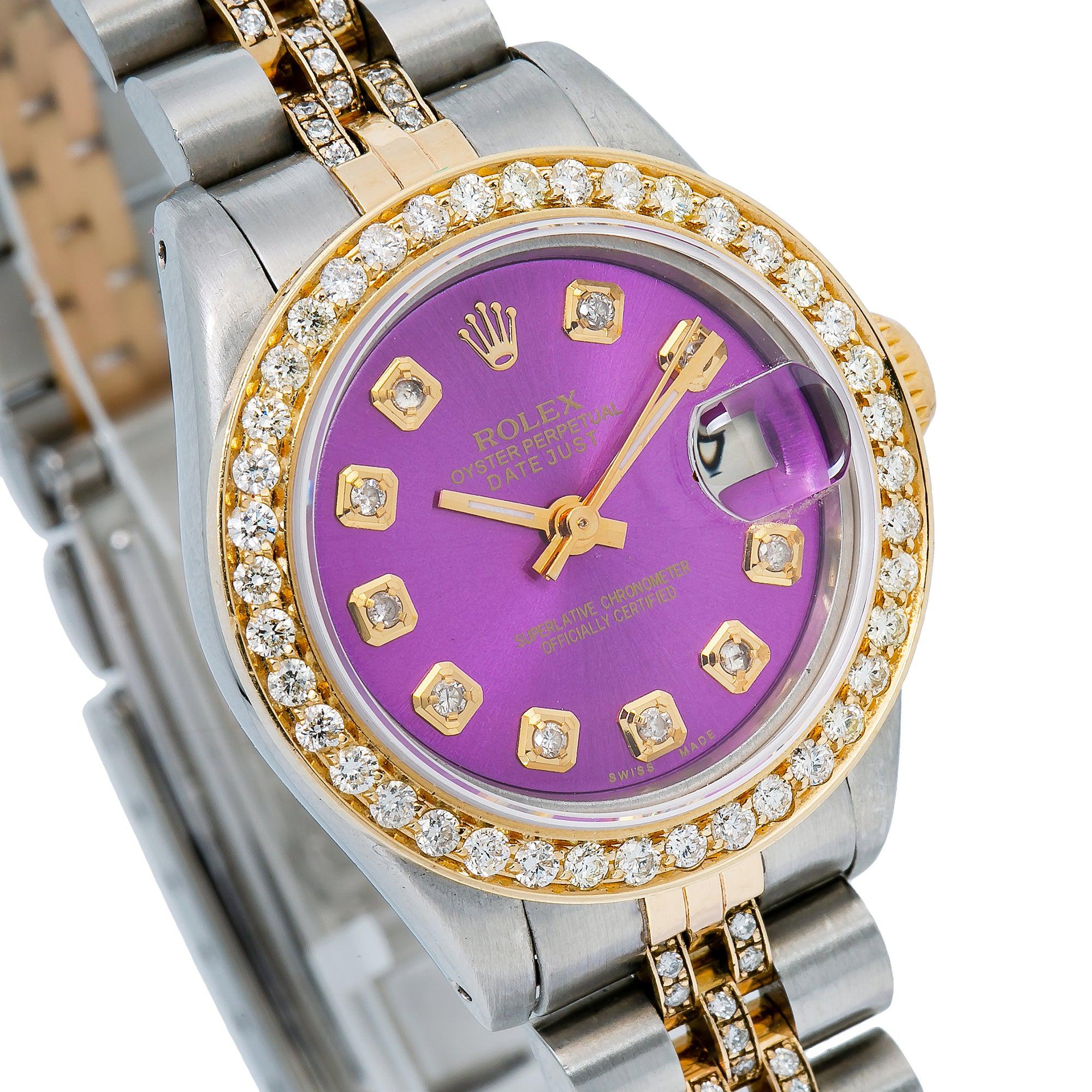 Rolex Datejust 26MM 6917 Purple Diamond Dial Diamond Bezel Two Tone Yellow Gold Semi Diamond Jubilee Bracelet