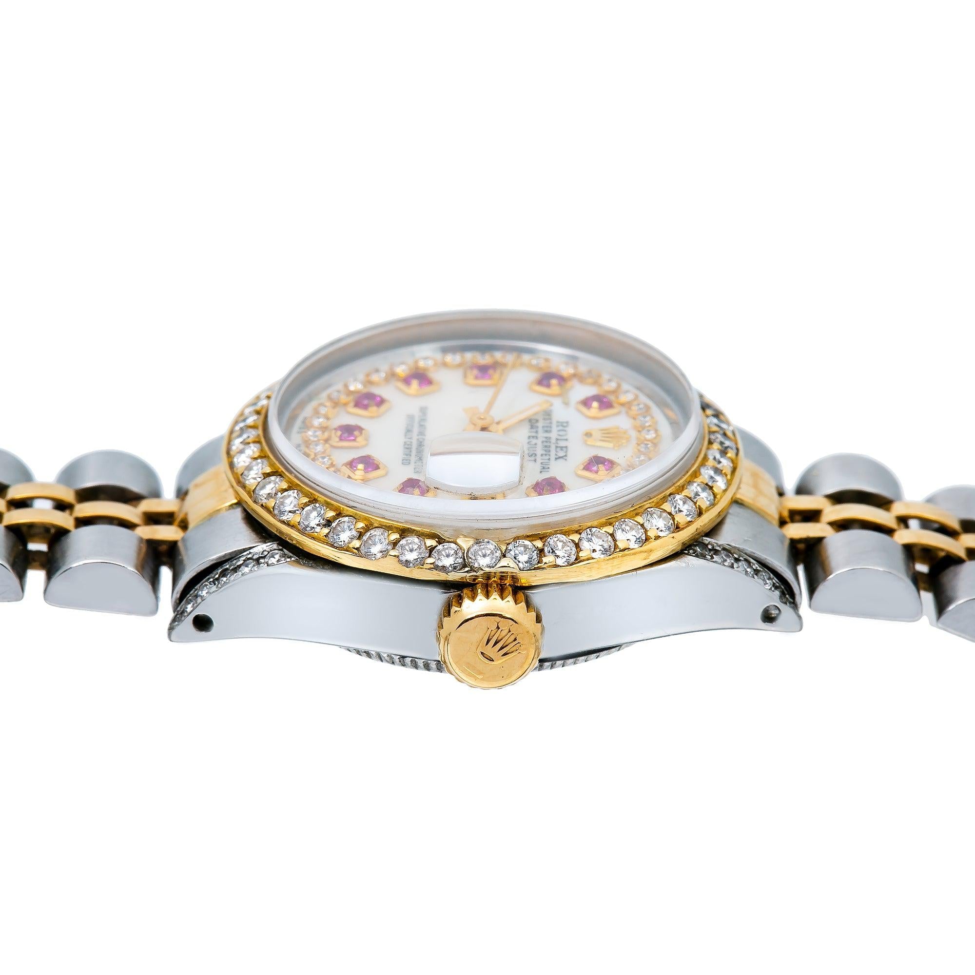 Rolex Datejust 26MM 69173 White Mother of Pearl Diamond Dial Diamond Bezel Two Tone Yellow Gold Jubilee Bracelet