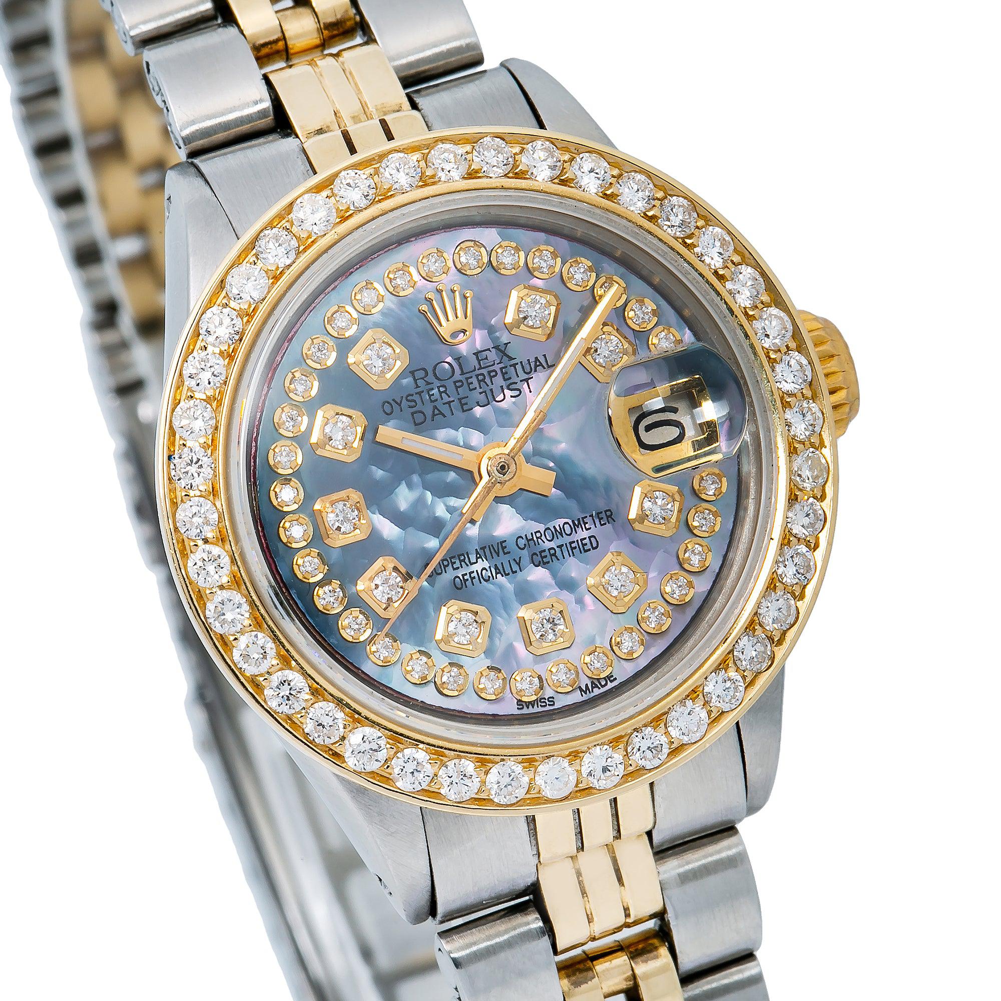 Rolex Datejust 26MM 69173 Blue Mother of Pearl Diamond Dial Diamond Bezel Two Tone Yellow Gold Jubilee Bracelet
