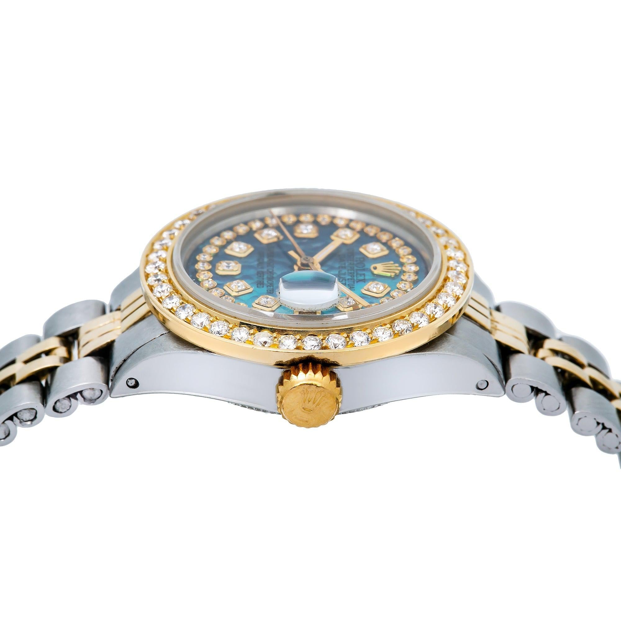 Rolex Datejust 26MM 69173 Blue Mother of Pearl Diamond Dial Diamond Bezel Two Tone Yellow Gold Jubilee Bracelet