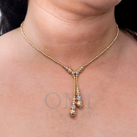 14K GOLD TRI-COLOR 2MM MOON BEAD LARIAT CHAIN