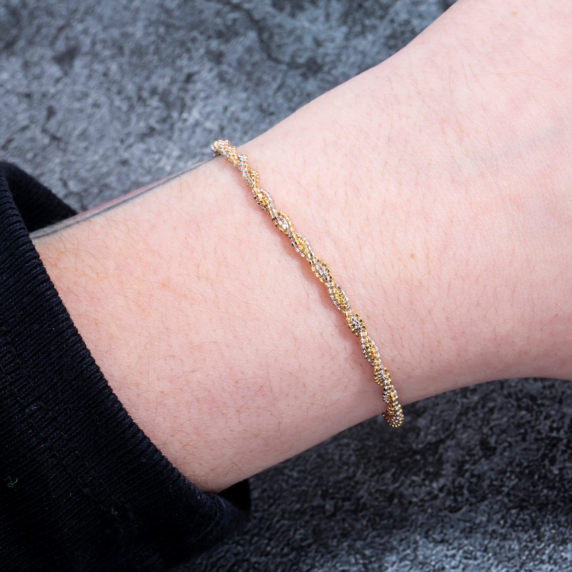 14K GOLD TRI-COLOR DIAMOND CUT BEADED ROPE BRACELET