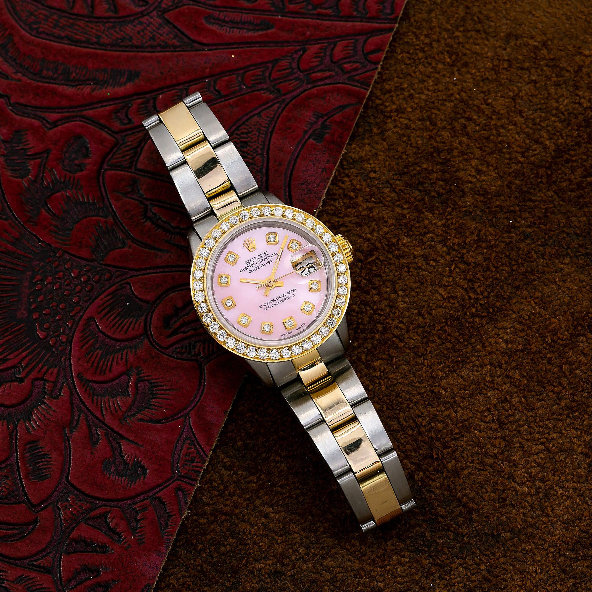 Rolex Datejust 26MM 69173 Pink Mother of Pearl Diamond Dial Diamond Bezel Two Tone Yellow Gold Oyster Bracelet