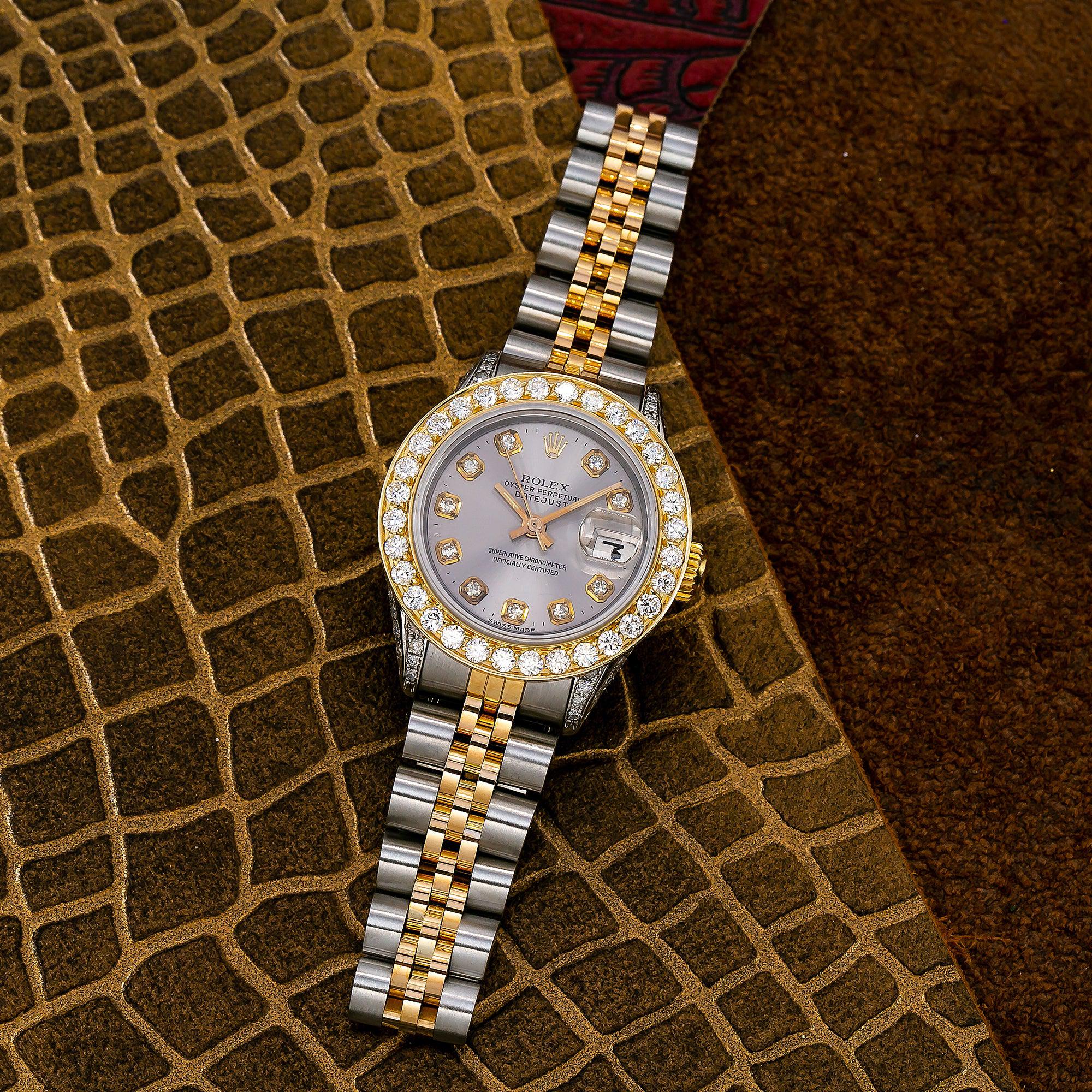 Rolex Datejust 26MM 69173 Silver Diamond Dial Diamond Bezel Two Tone Yellow Gold Jubilee Bracelet
