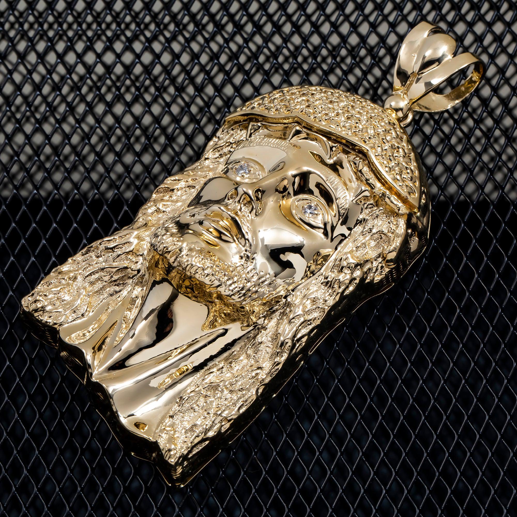 10K GOLD JESUS HEAD DIAMOND EYES PENDANT 77.0G