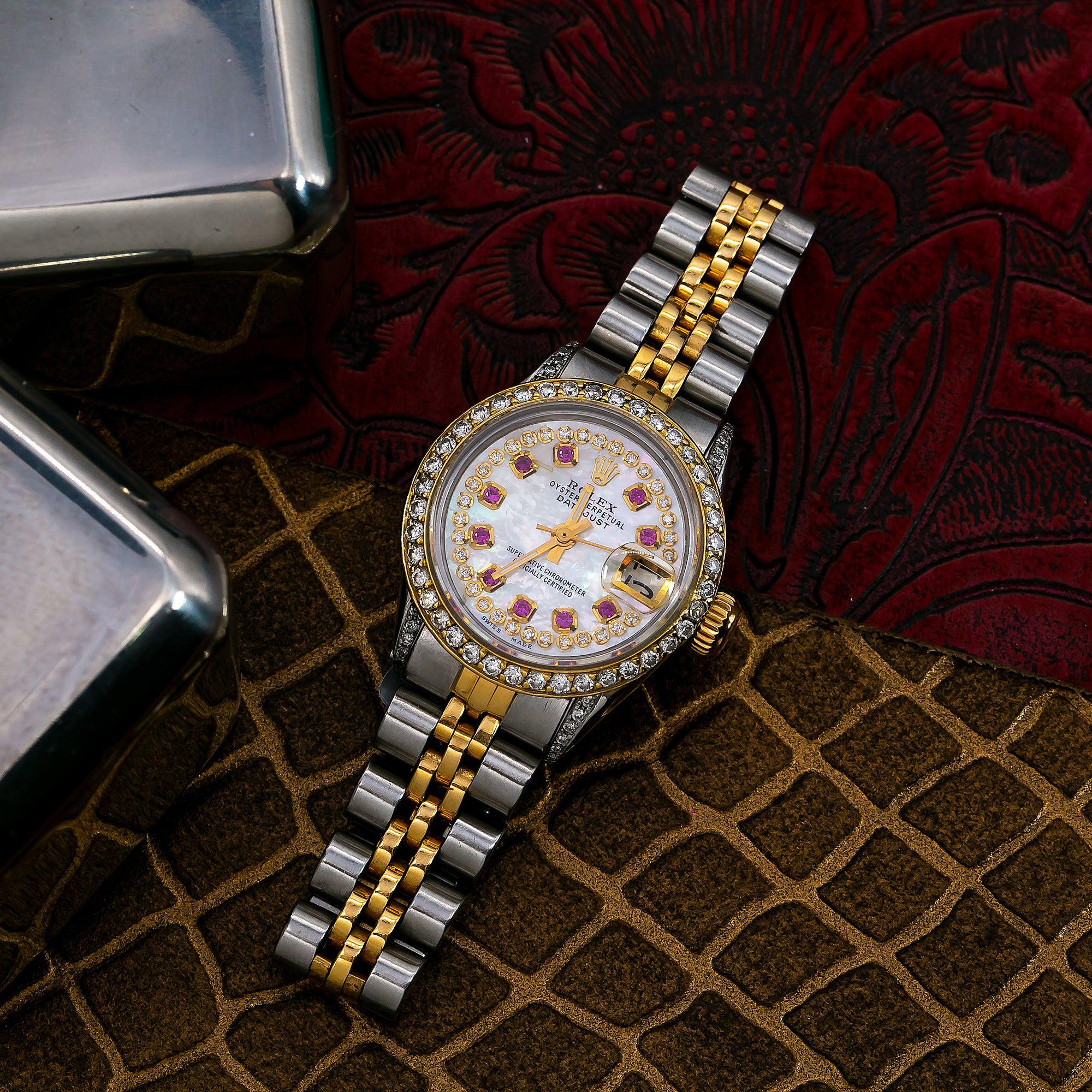 Rolex Datejust 26MM 69173 White Mother of Pearl Diamond Dial Diamond Bezel Two Tone Yellow Gold Jubilee Bracelet