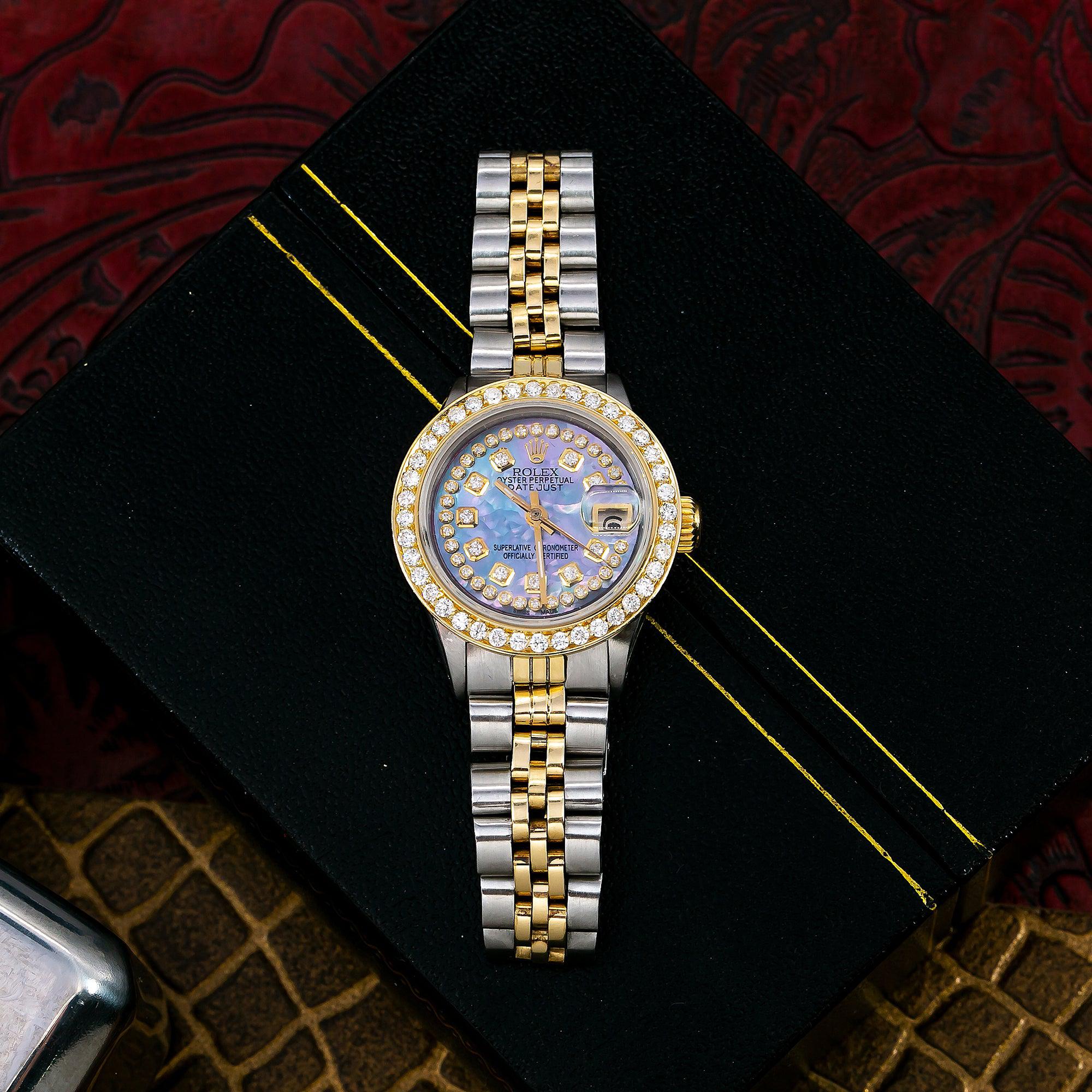 Rolex Datejust 26MM 69173 Blue Mother of Pearl Diamond Dial Diamond Bezel Two Tone Yellow Gold Jubilee Bracelet