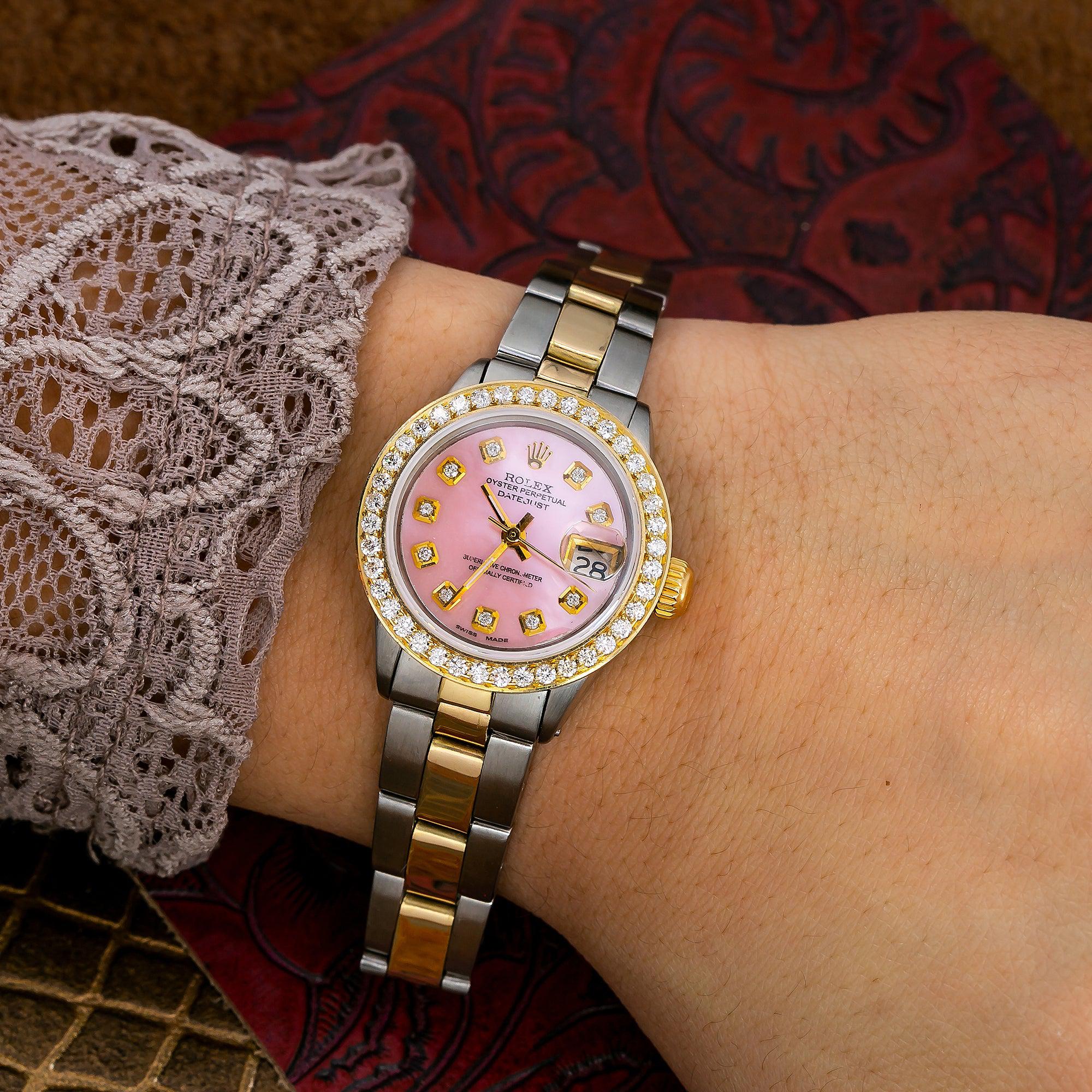 Rolex Datejust 26MM 69173 Pink Mother of Pearl Diamond Dial Diamond Bezel Two Tone Yellow Gold Oyster Bracelet