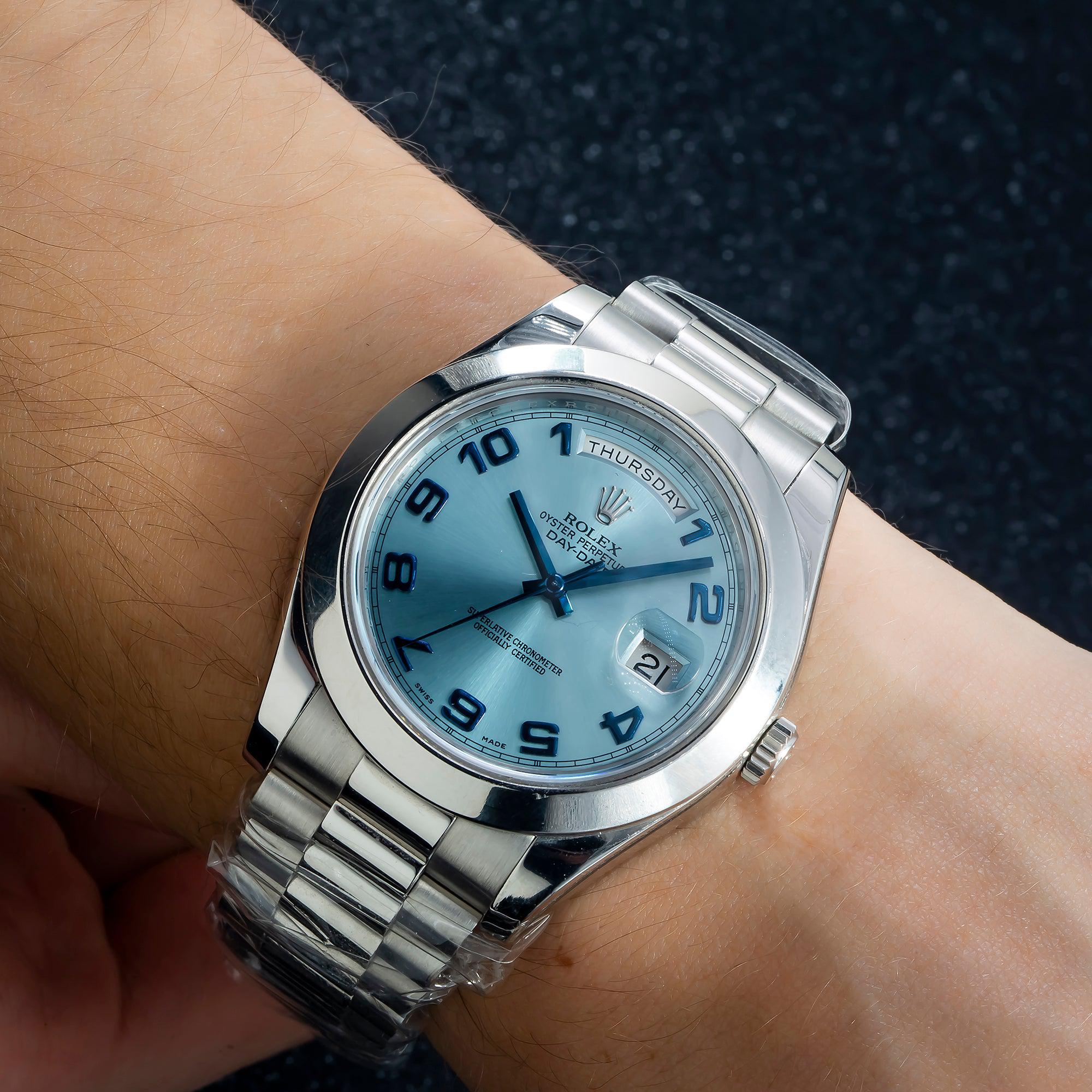 Rolex Day-Date II 41MM 218206 Ice Blue Arabic Dial Platinum Smooth Bezel Platinum President Bracelet