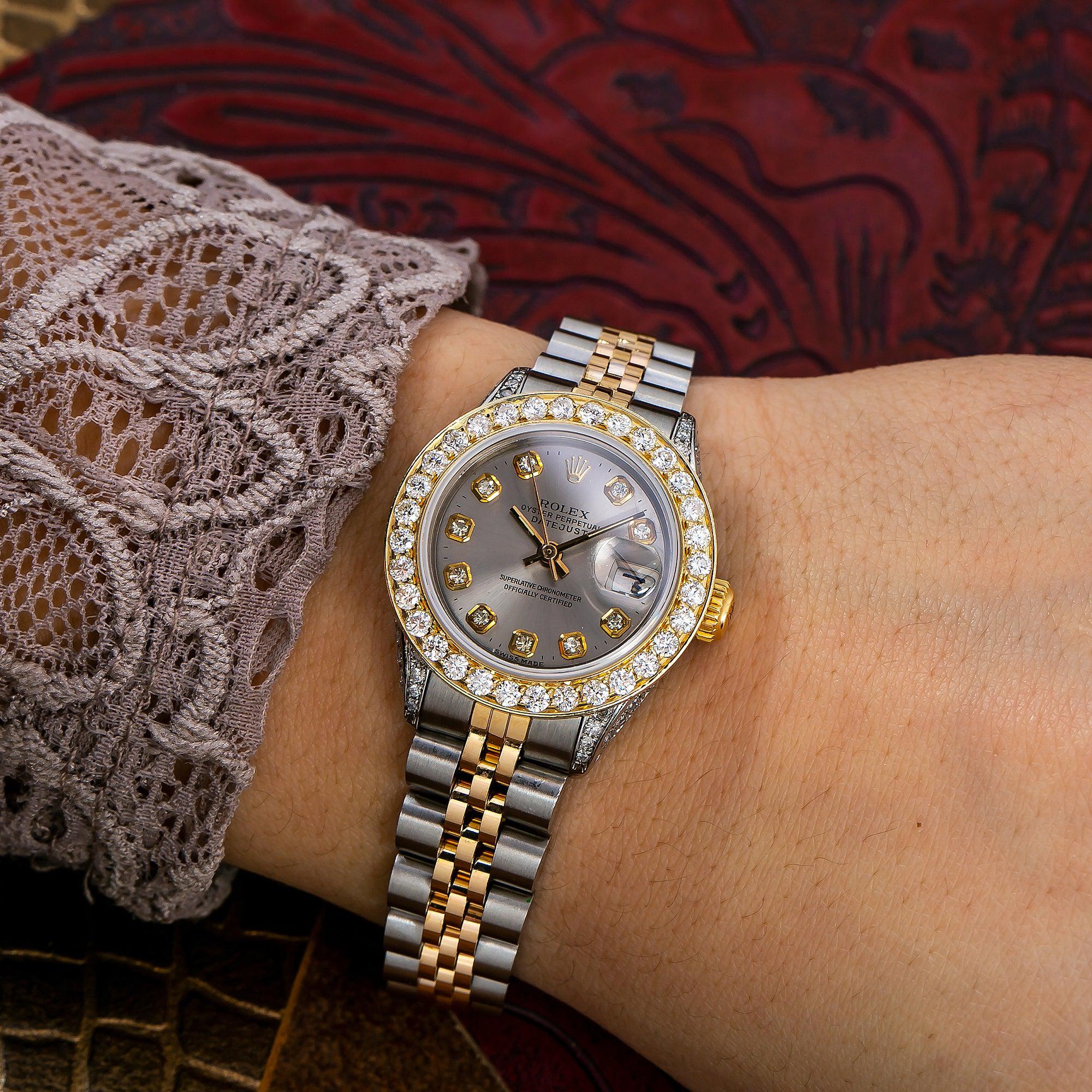 Rolex Datejust 26MM 69173 Silver Diamond Dial Diamond Bezel Two Tone Yellow Gold Jubilee Bracelet