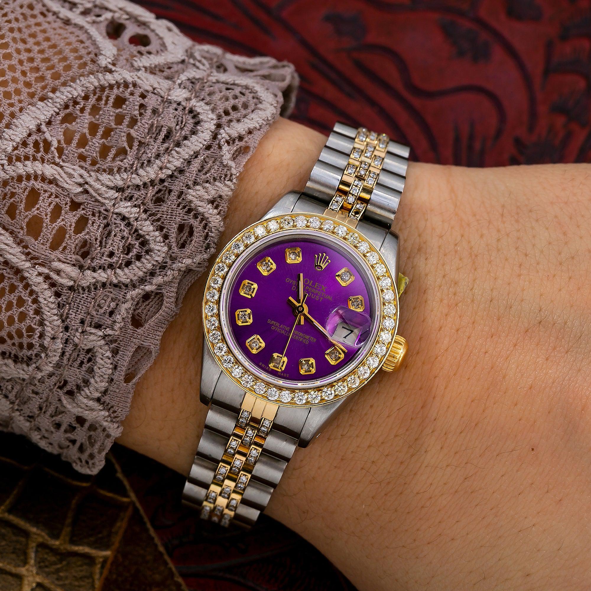 Rolex Datejust 26MM 6917 Purple Diamond Dial Diamond Bezel Two Tone Yellow Gold Semi Diamond Jubilee Bracelet