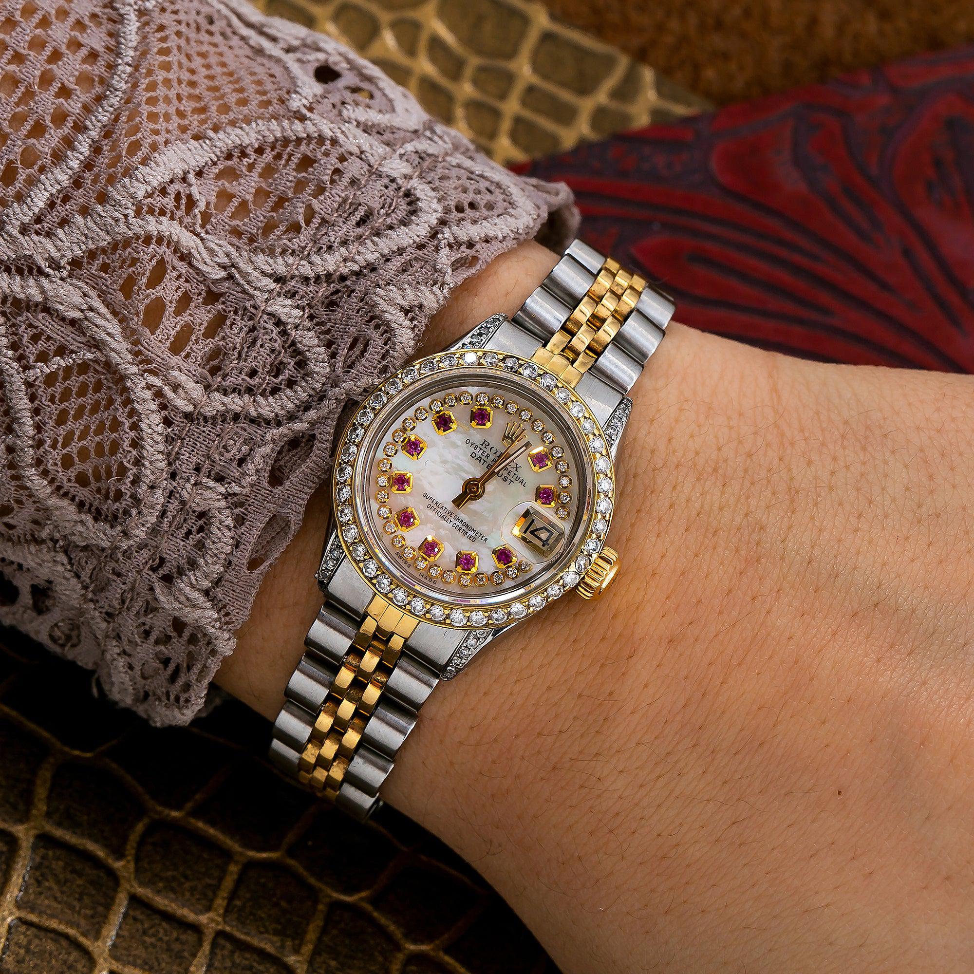 Rolex Datejust 26MM 69173 White Mother of Pearl Diamond Dial Diamond Bezel Two Tone Yellow Gold Jubilee Bracelet