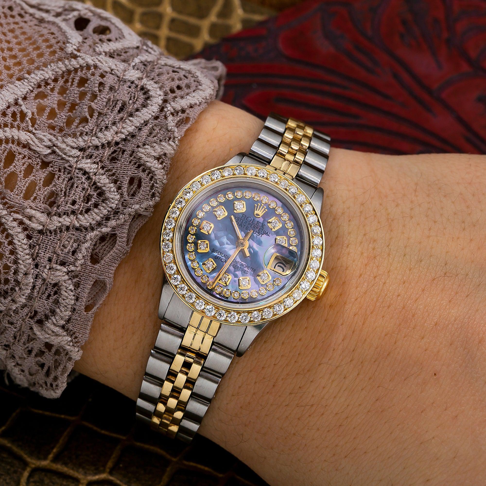 Rolex Datejust 26MM 69173 Blue Mother of Pearl Diamond Dial Diamond Bezel Two Tone Yellow Gold Jubilee Bracelet
