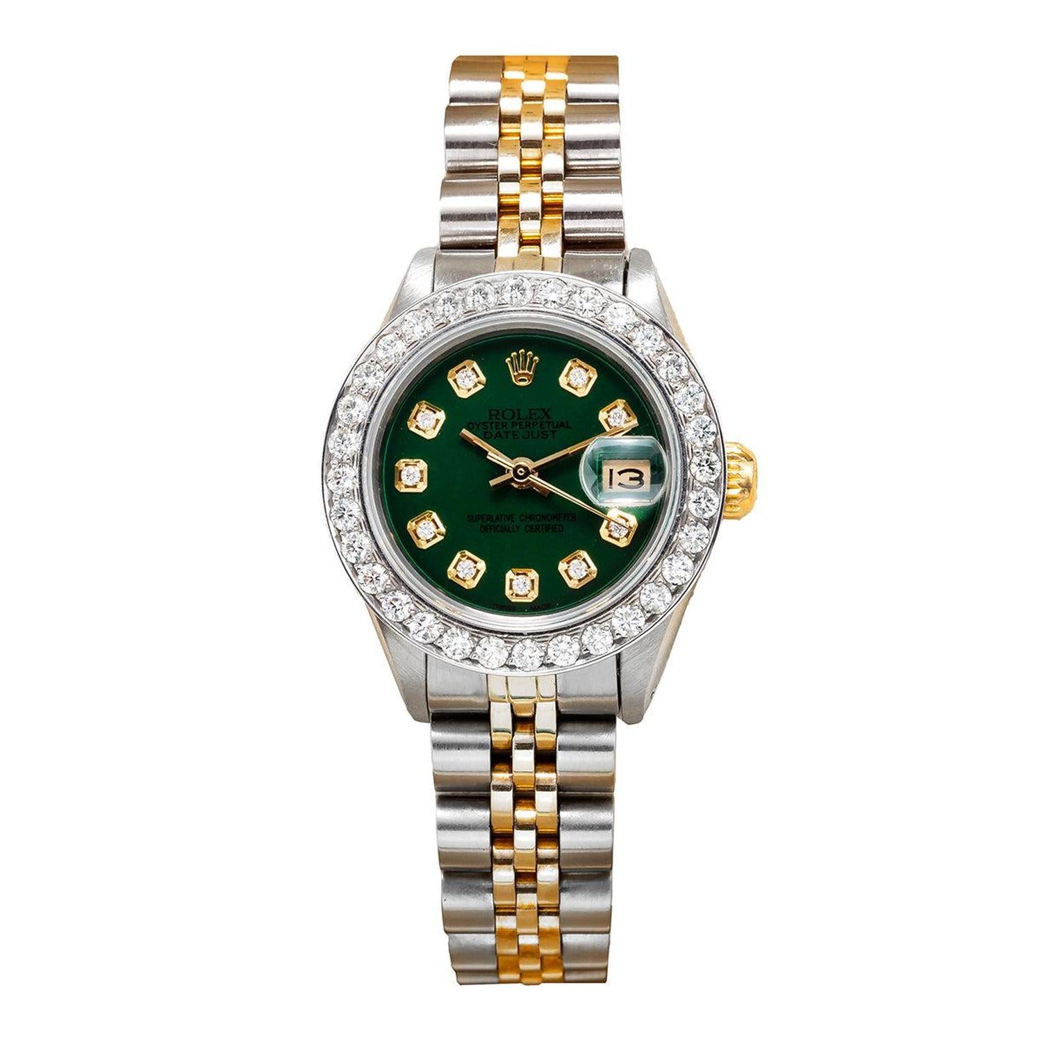 Rolex Datejust 26MM 69173 Green Diamond Dial Diamond Bezel Two Tone Jubilee Bracelet 1.5ct