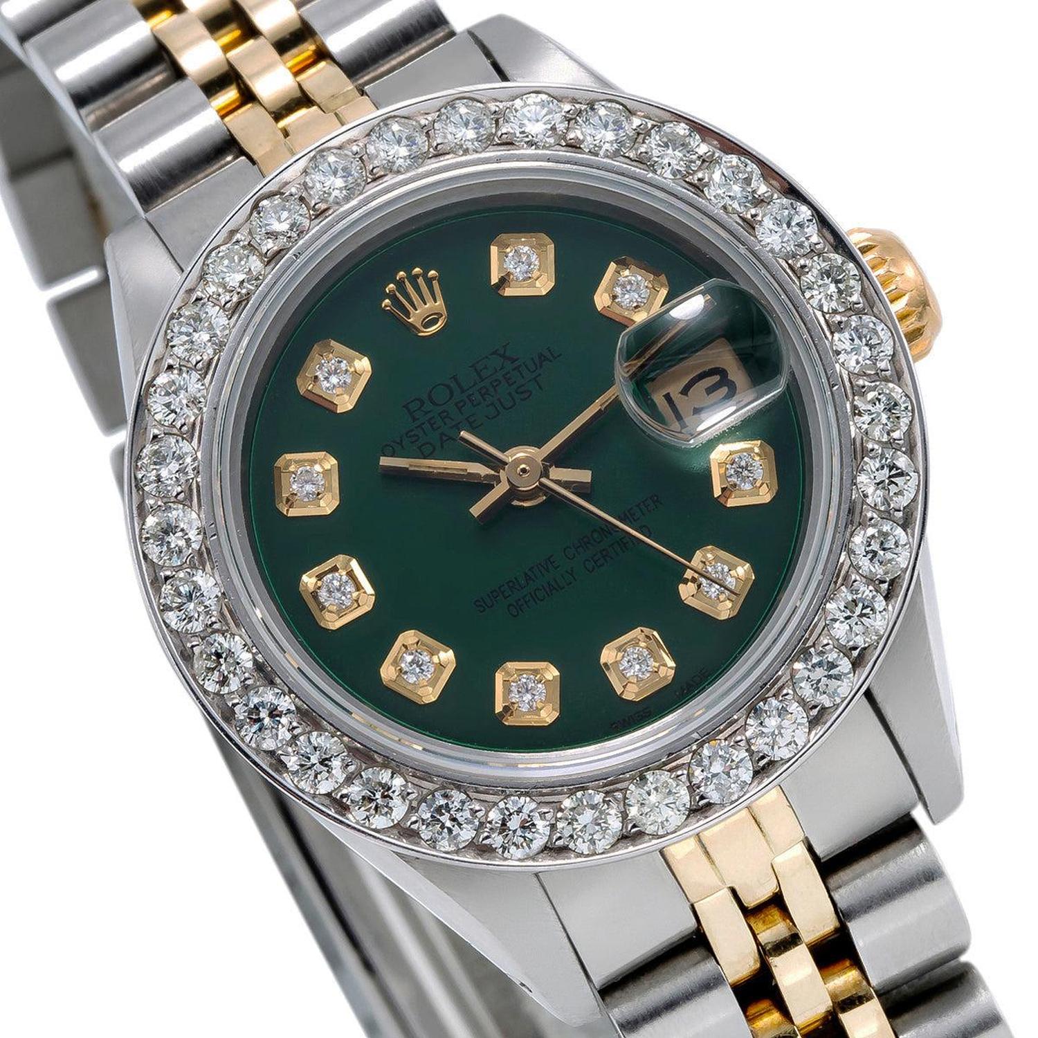 Rolex Datejust 26MM 69173 Green Diamond Dial Diamond Bezel Two Tone Yellow Gold Jubilee Bracelet 1.5ct