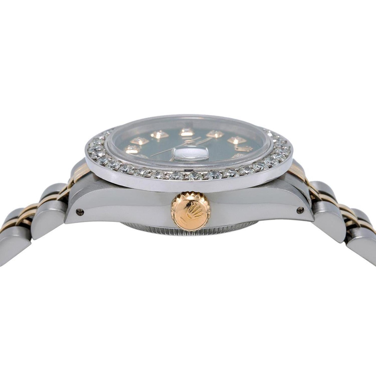 Rolex Datejust 26MM 69173 Green Diamond Dial Diamond Bezel Two Tone Yellow Gold Jubilee Bracelet 1.5ct