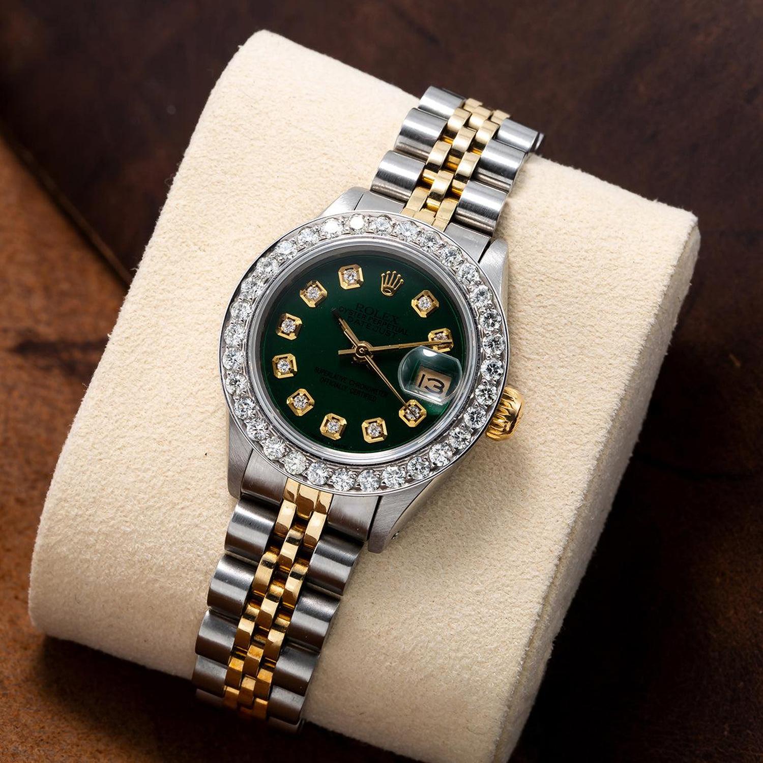 Rolex Datejust 26MM 69173 Green Diamond Dial Diamond Bezel Two Tone Yellow Gold Jubilee Bracelet 1.5ct