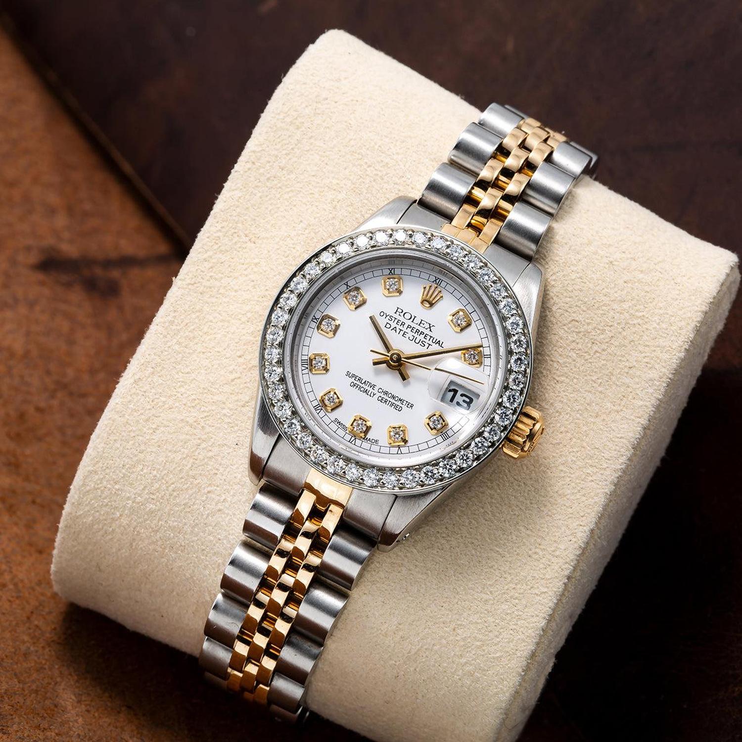 Rolex Datejust 26MM 69173 White Diamond Dial Diamond Bezel Two Tone Yellow Gold Jubilee Bracelet 1.2ct