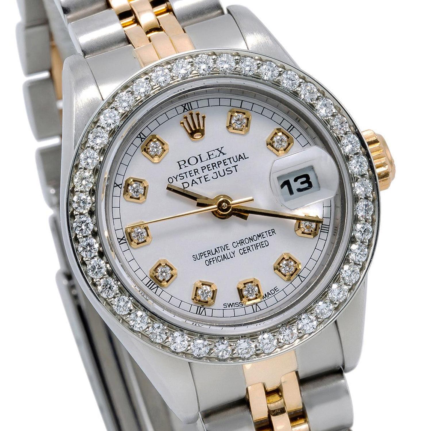 Rolex Datejust 26MM 69173 White Diamond Dial Diamond Bezel Two Tone Yellow Gold Jubilee Bracelet 1.2ct