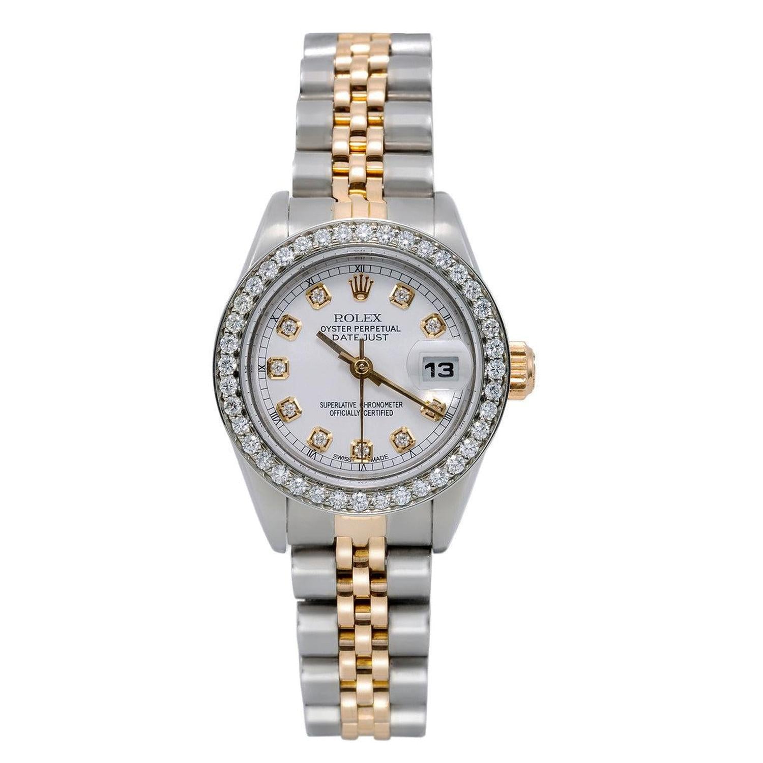 Rolex Datejust 26MM 69173 White Diamond Dial Diamond Bezel Two Tone Jubilee Bracelet 1.2ct