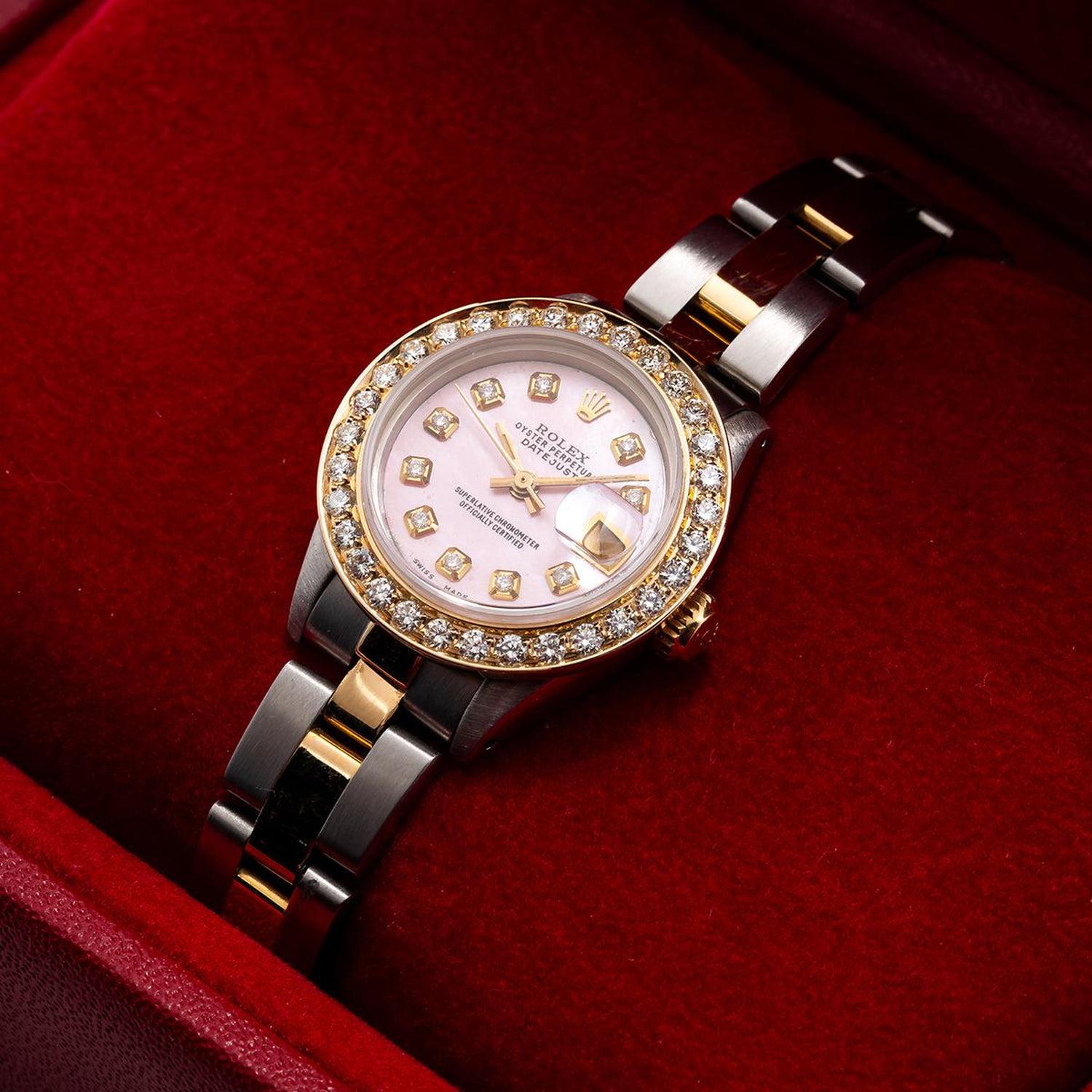 Rolex Datejust 26MM 69173 Pink Mother of Pearl Diamond Dial Diamond Bezel Two Tone Yellow Gold Oyster Bracelet 0.9ct