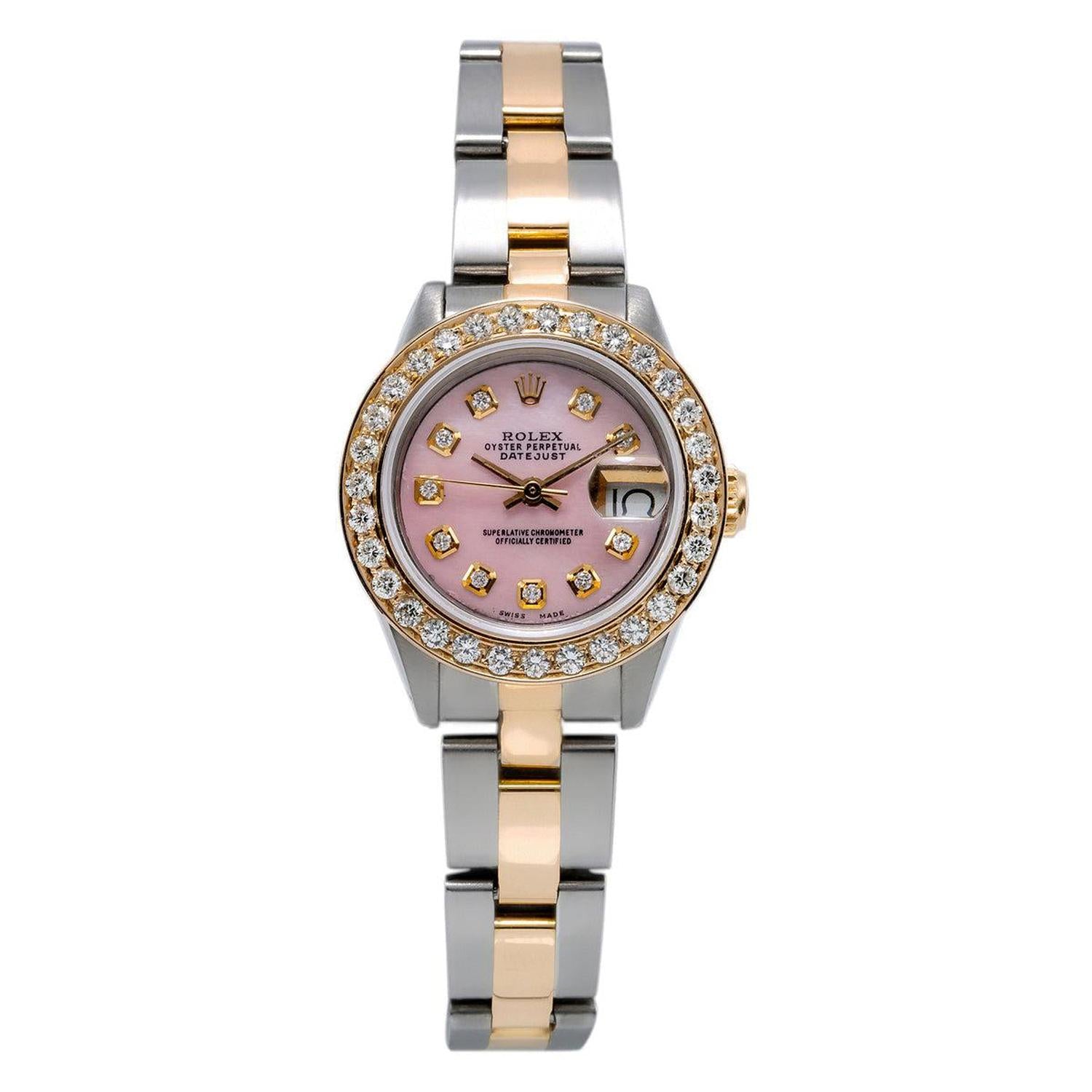 Rolex Datejust 26MM 69173 Pink Mother of Pearl Diamond Dial Diamond Bezel Two Tone Oyster Bracelet 0.9ct