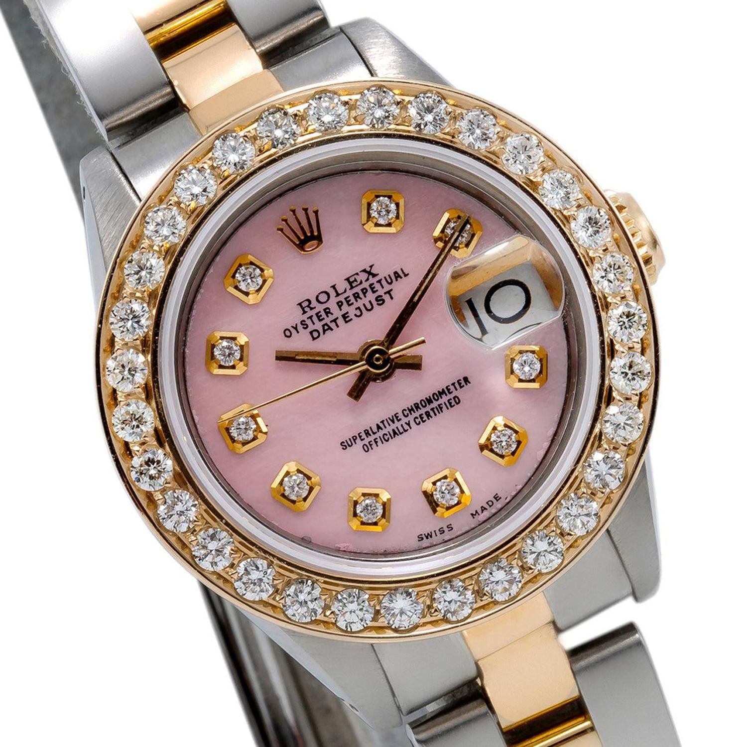 Rolex Datejust 26MM 69173 Pink Mother of Pearl Diamond Dial Diamond Bezel Two Tone Yellow Gold Oyster Bracelet 0.9ct
